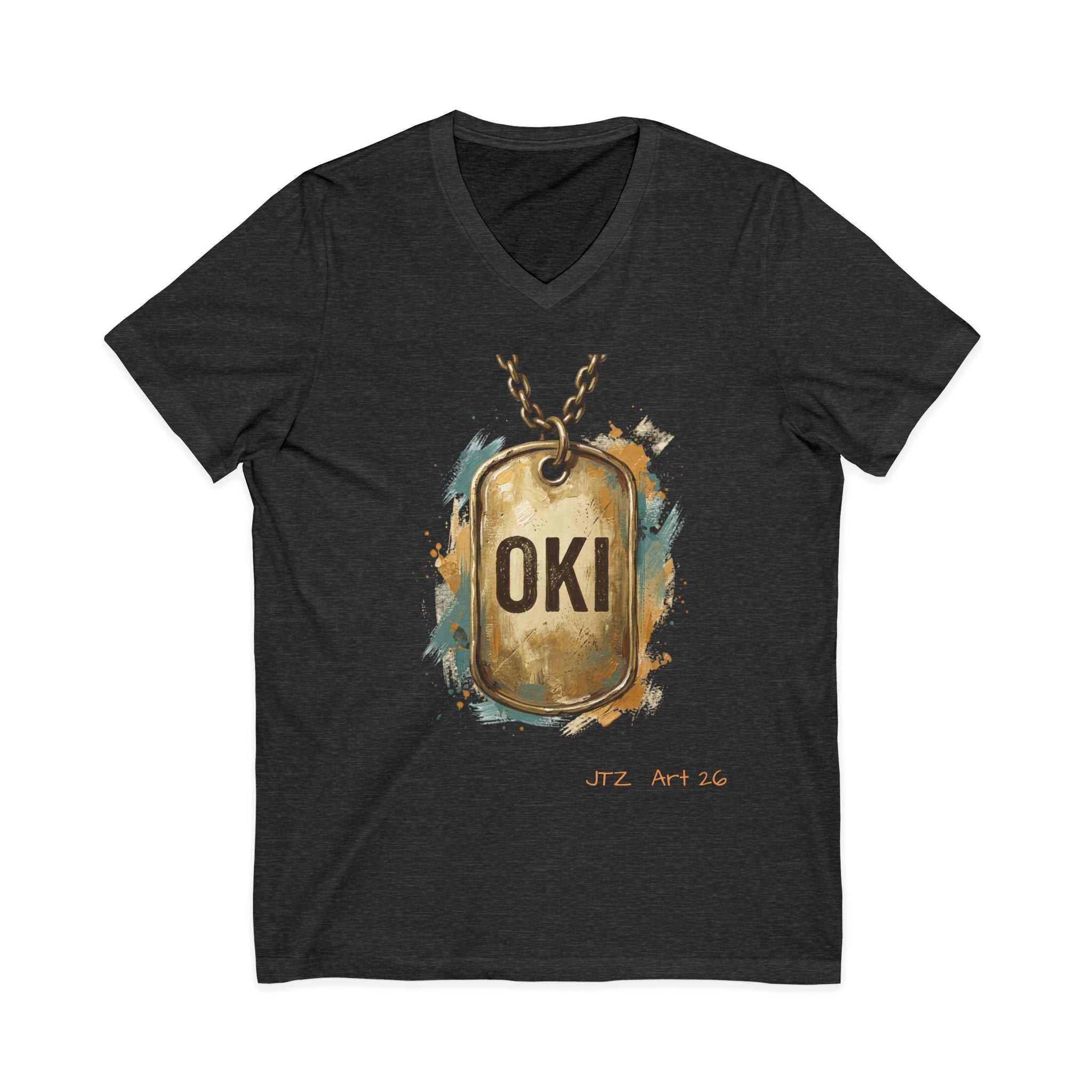 OKI Dog Tag V-Neck Tee — Vintage Military-Inspired Graphic Shirt