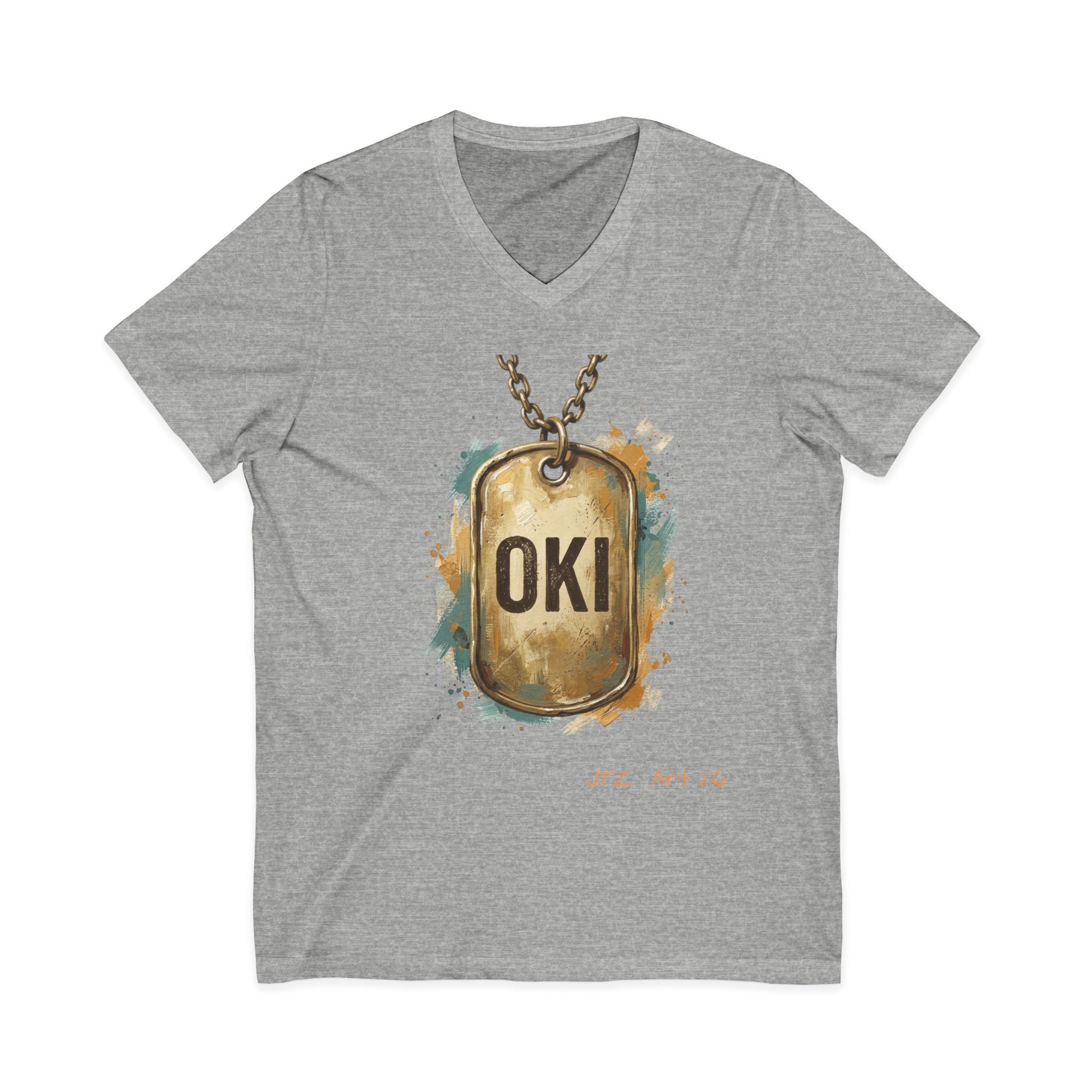 OKI Dog Tag V-Neck Tee — Vintage Military-Inspired Graphic Shirt