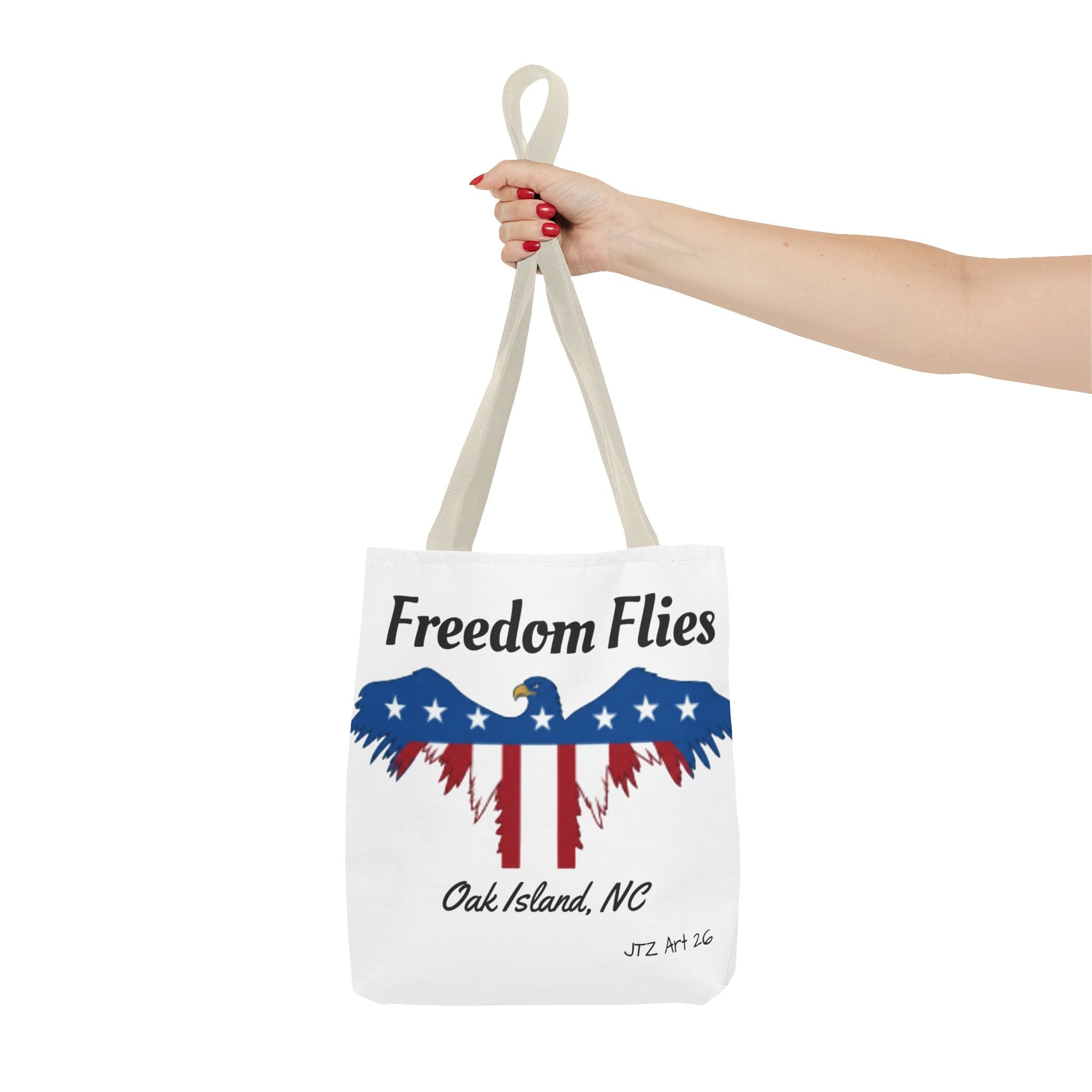 Freedom Flies Patriotic Eagle Tote Bag — Oak Island, NC USA Flag Design