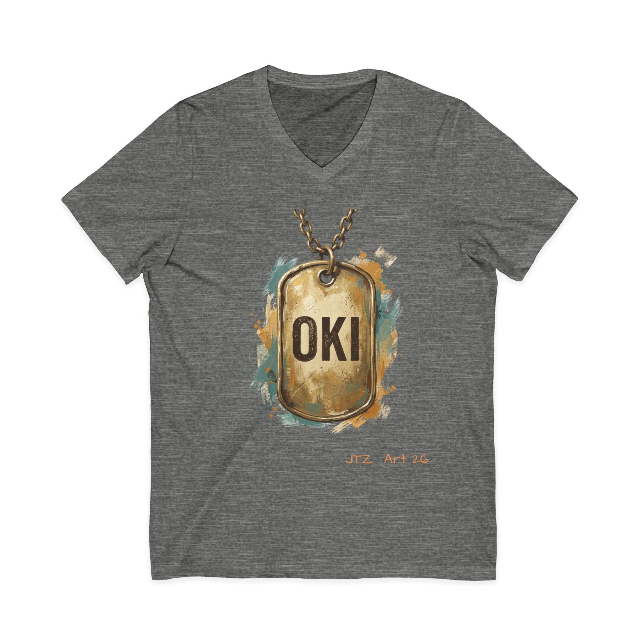 OKI Dog Tag V-Neck Tee — Vintage Military-Inspired Graphic Shirt