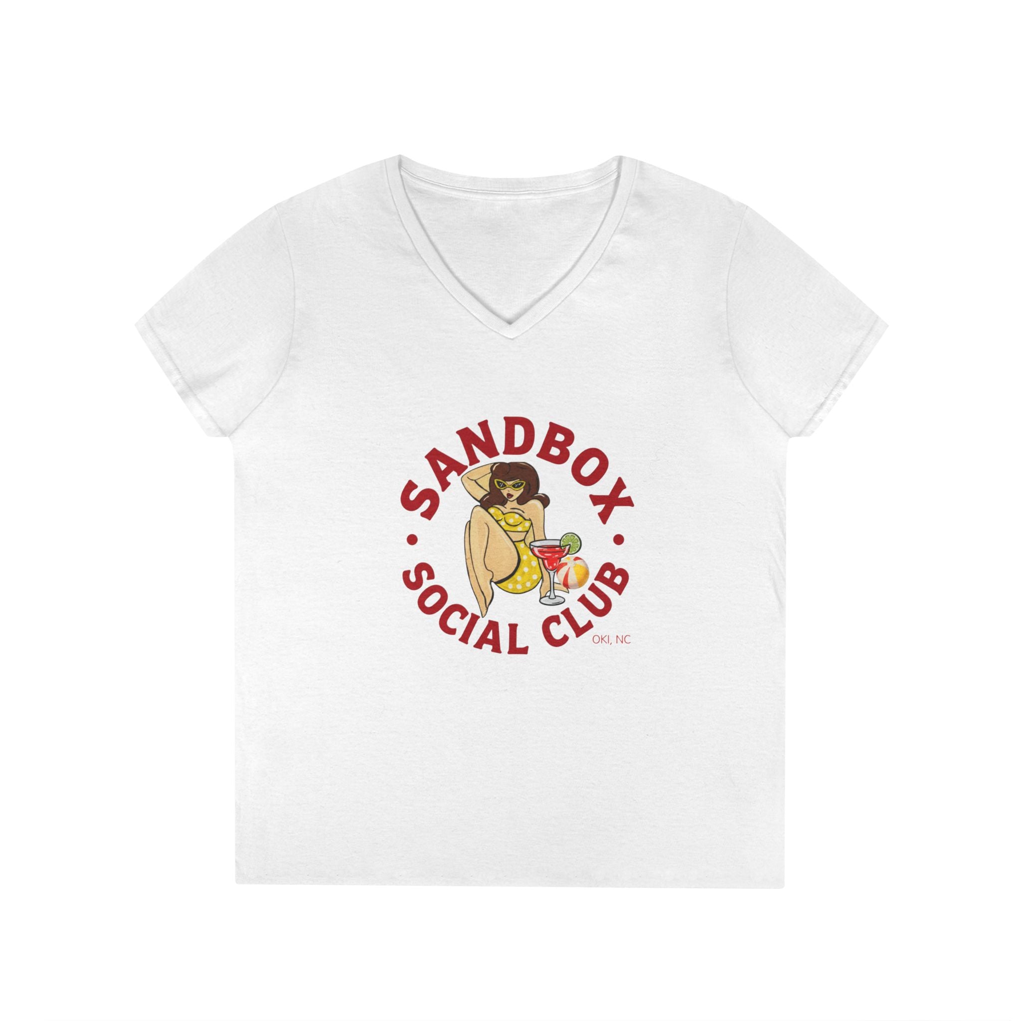 Sandbox Social Club V-Neck Tee — Retro Pinup Beach Graphic
