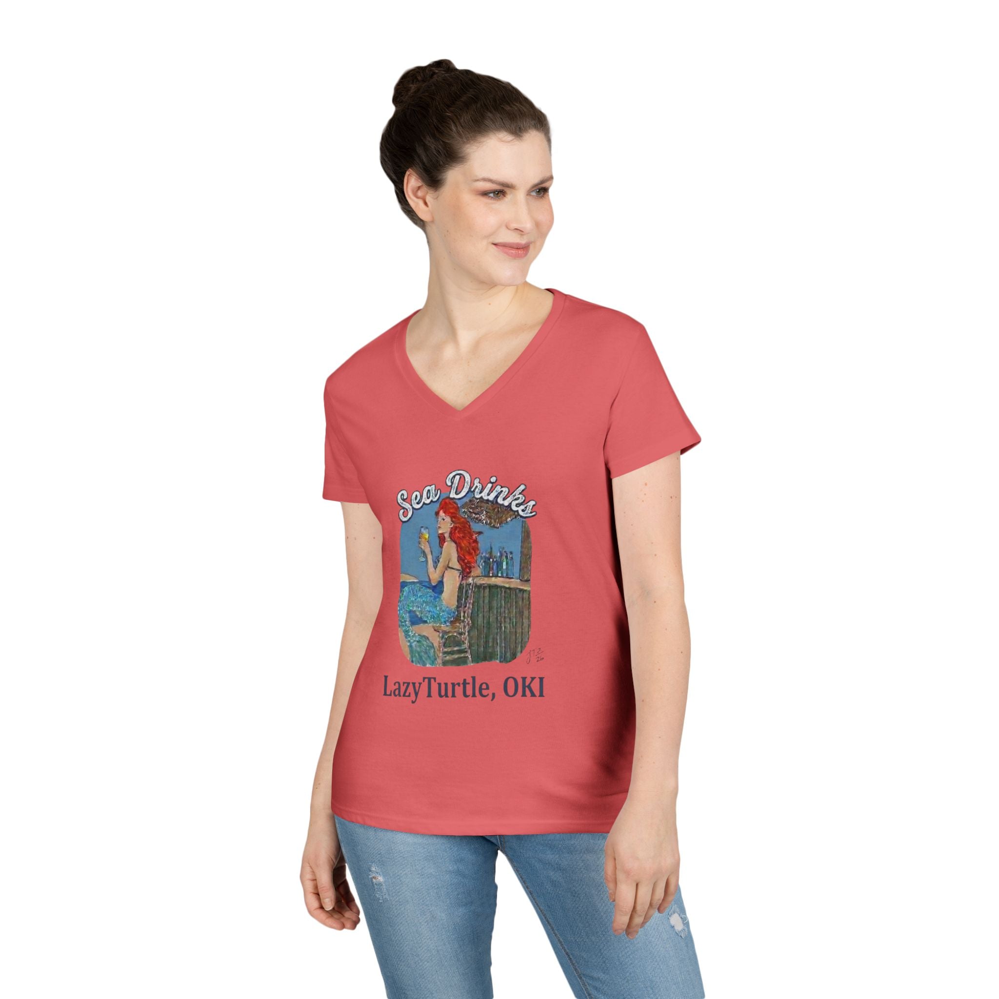 Sea Drinks Mermaid V-Neck T-Shirt — Lazy Turtle OKI Coastal Graphic Tee