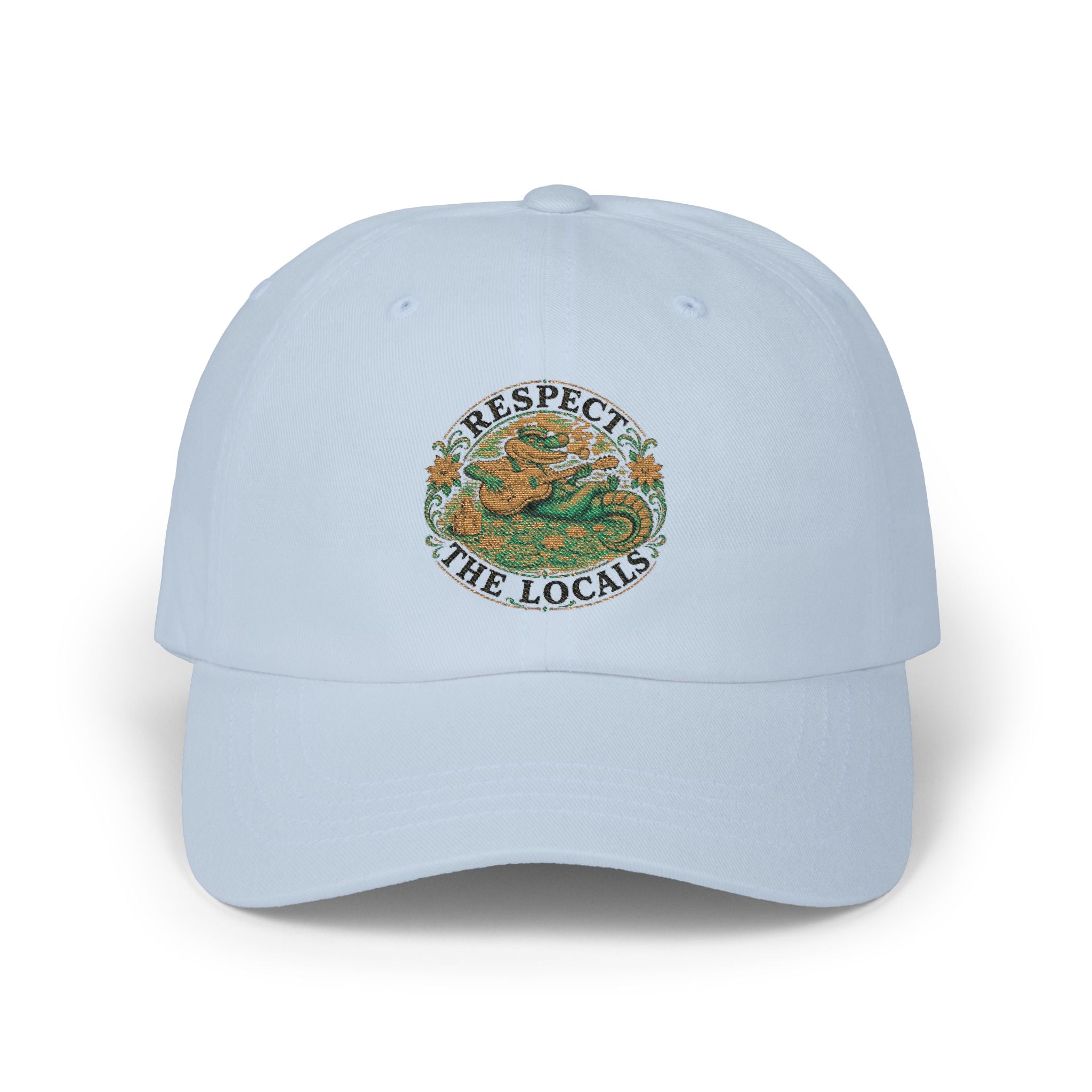 Respect The Locals Dad Cap — Embroidered Beach Vibes Hat (Back Reads "Art of OKI NC")