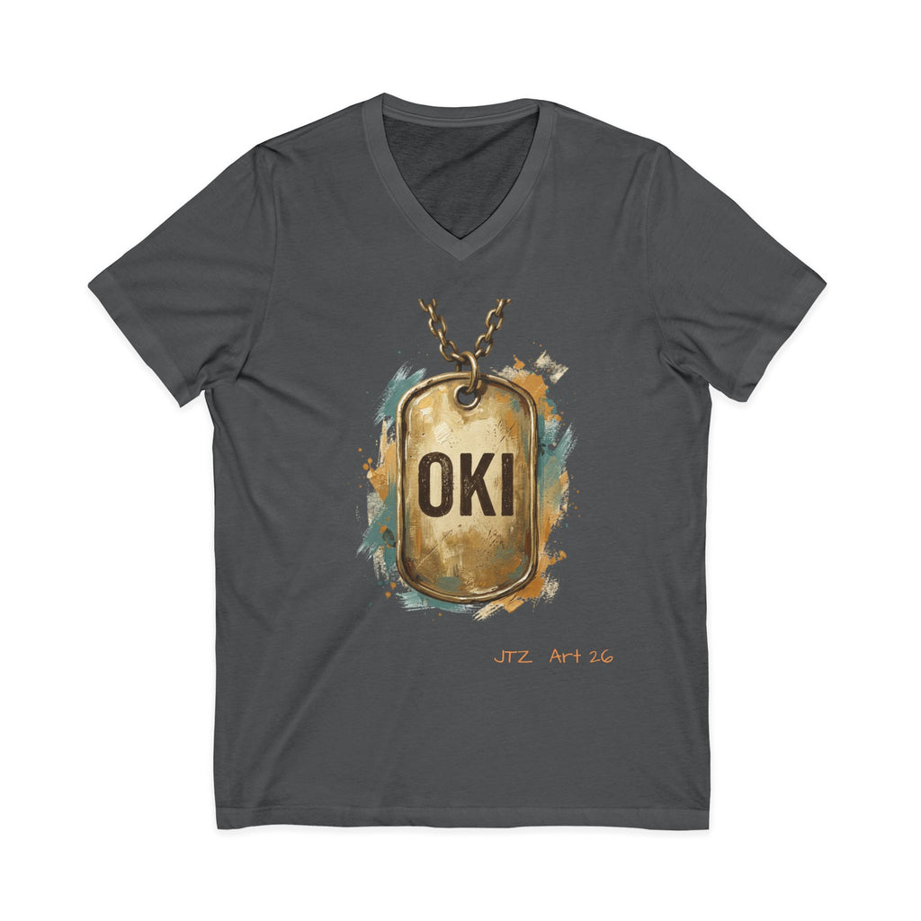 OKI Dog Tag V-Neck Tee — Vintage Military-Inspired Graphic Shirt