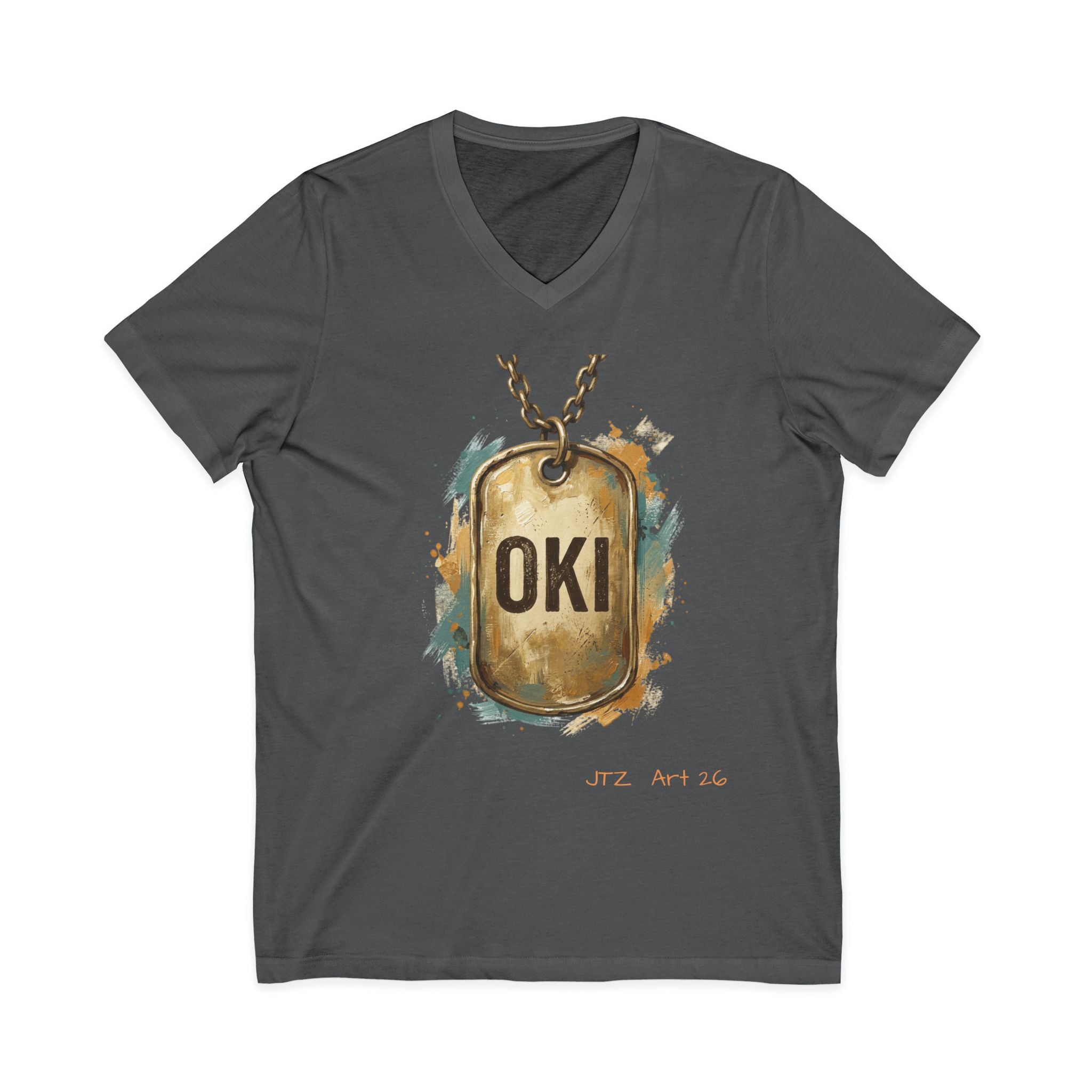 OKI Dog Tag V-Neck Tee — Vintage Military-Inspired Graphic Shirt