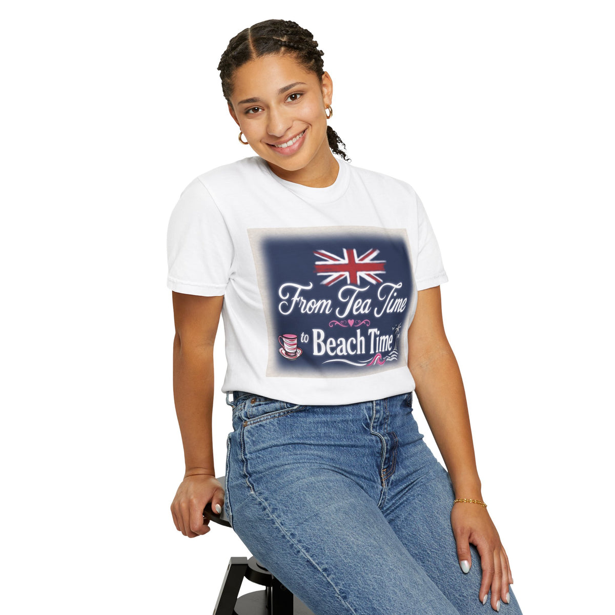 Tea Time to Beach Time T‑Shirt — British Flag & Tea Graphic