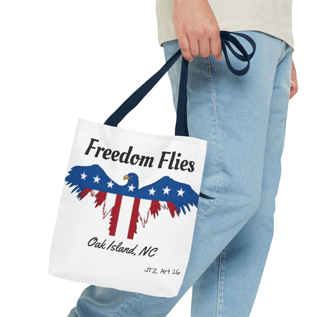 Freedom Flies Patriotic Eagle Tote Bag — Oak Island, NC USA Flag Design