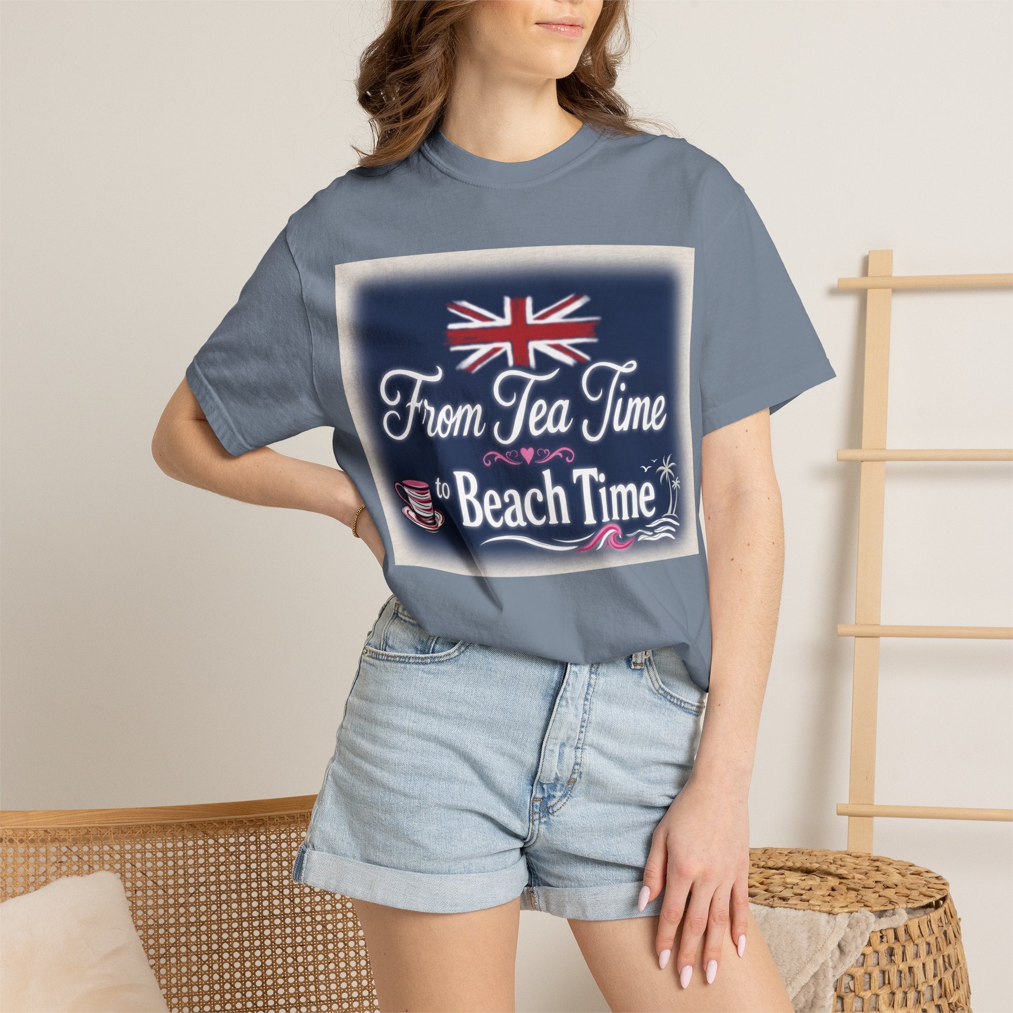 Tea Time to Beach Time T‑Shirt — British Flag & Tea Graphic