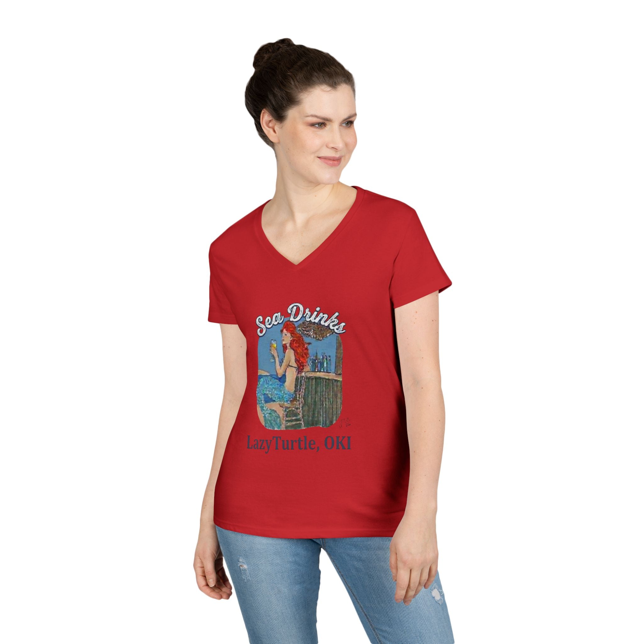Sea Drinks Mermaid V-Neck T-Shirt — Lazy Turtle OKI Coastal Graphic Tee