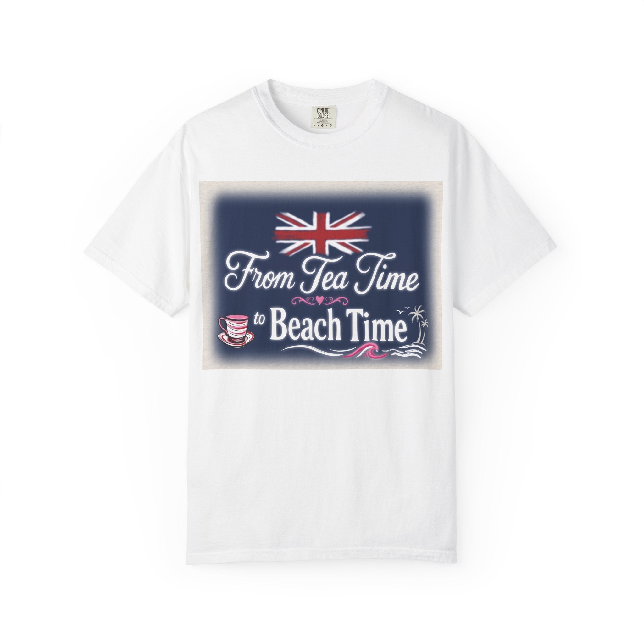 Tea Time to Beach Time T‑Shirt — British Flag & Tea Graphic
