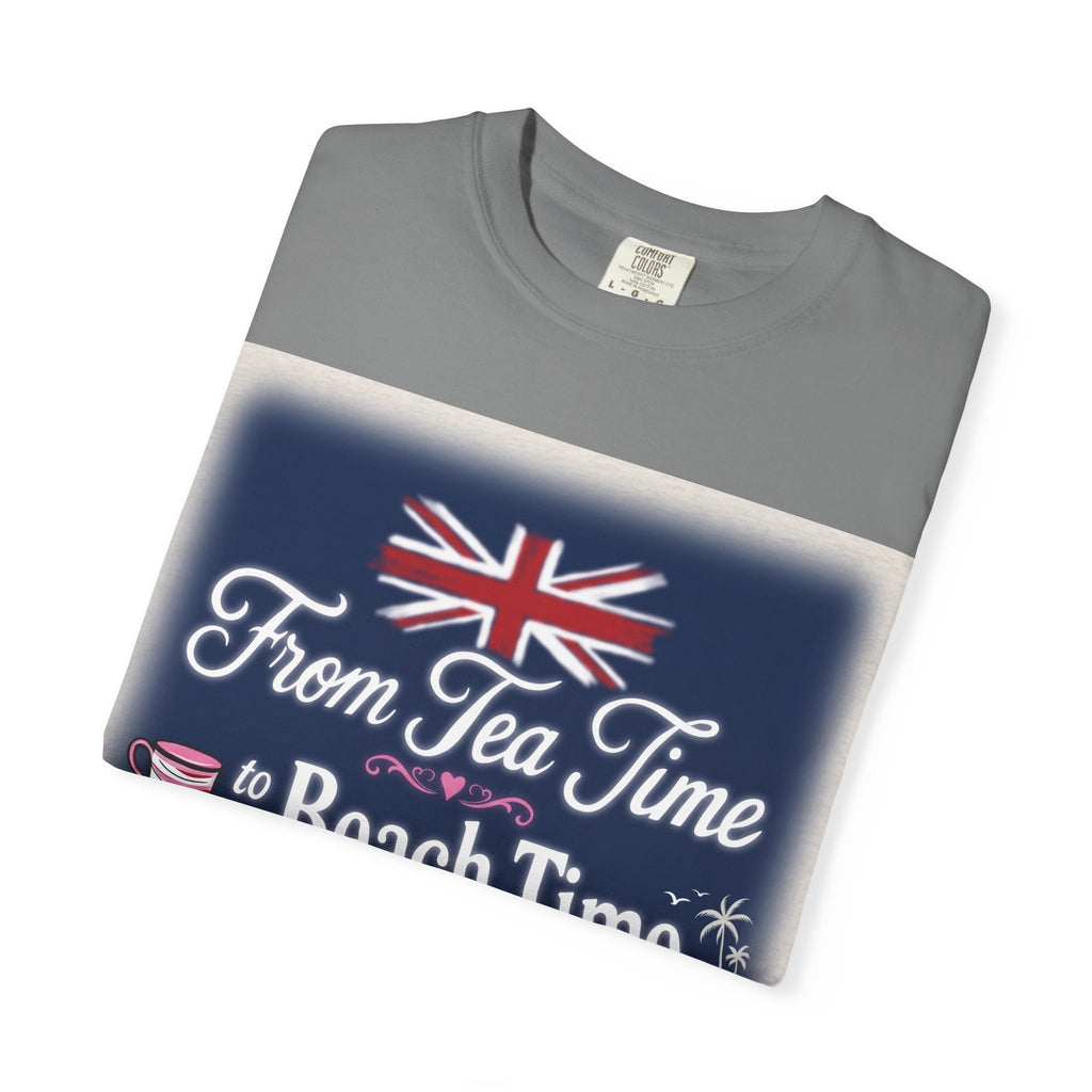 Tea Time to Beach Time T‑Shirt — British Flag & Tea Graphic