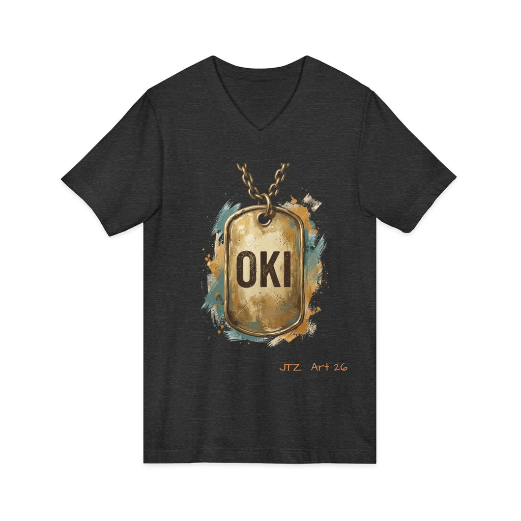OKI Dog Tag V-Neck Tee — Vintage Military-Inspired Graphic Shirt
