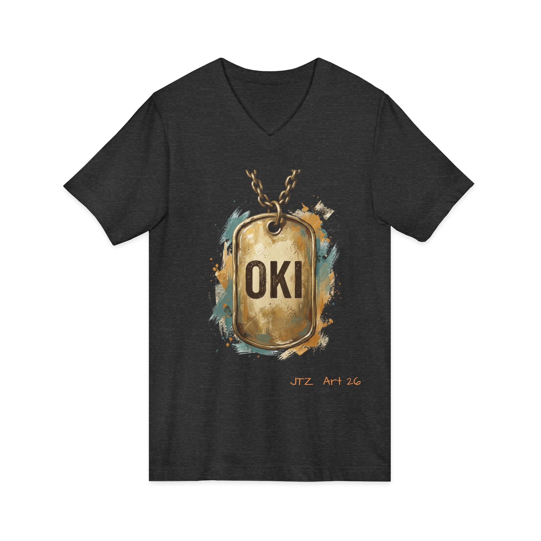 OKI Dog Tag V-Neck Tee — Vintage Military-Inspired Graphic Shirt