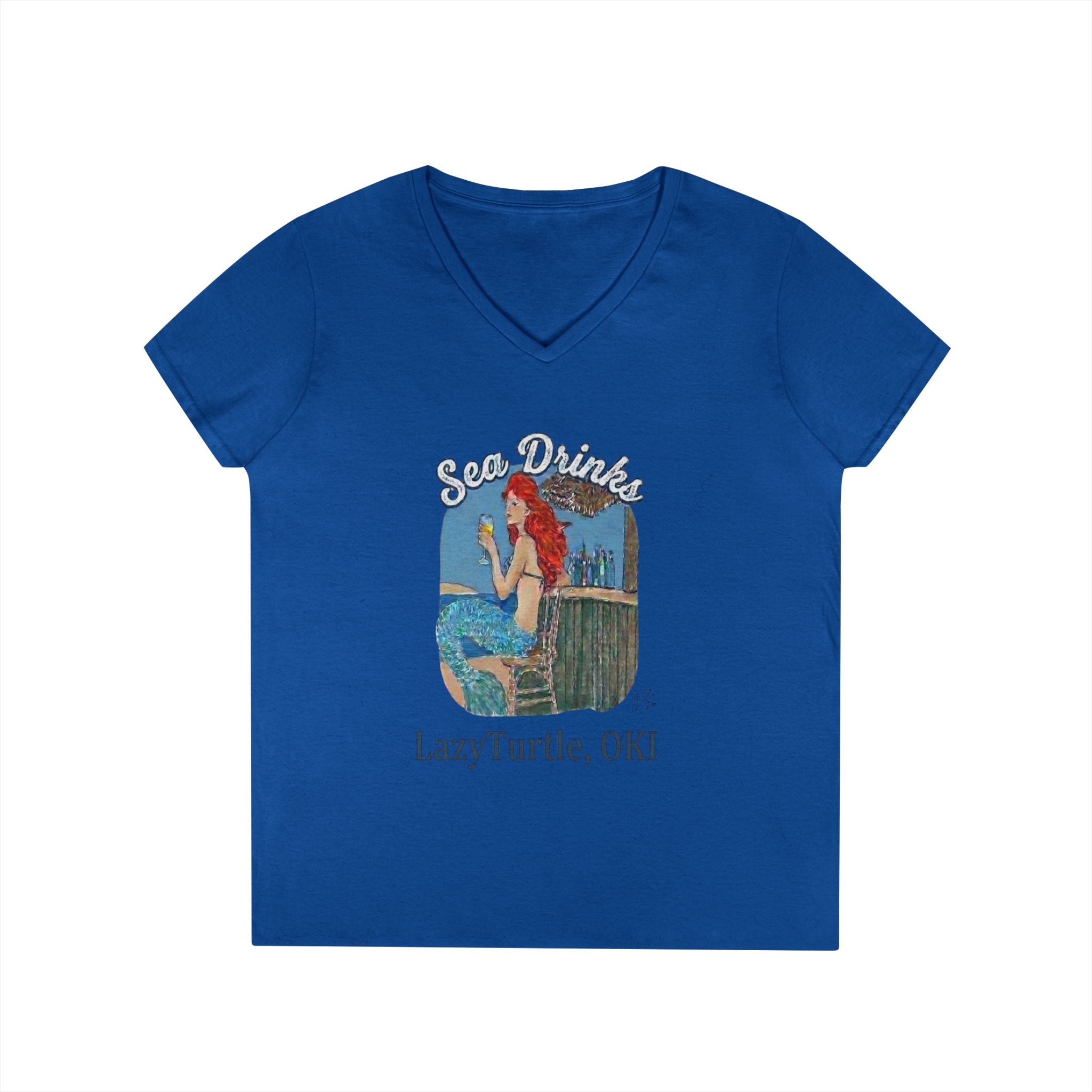 Sea Drinks Mermaid V-Neck T-Shirt — Lazy Turtle OKI Coastal Graphic Tee