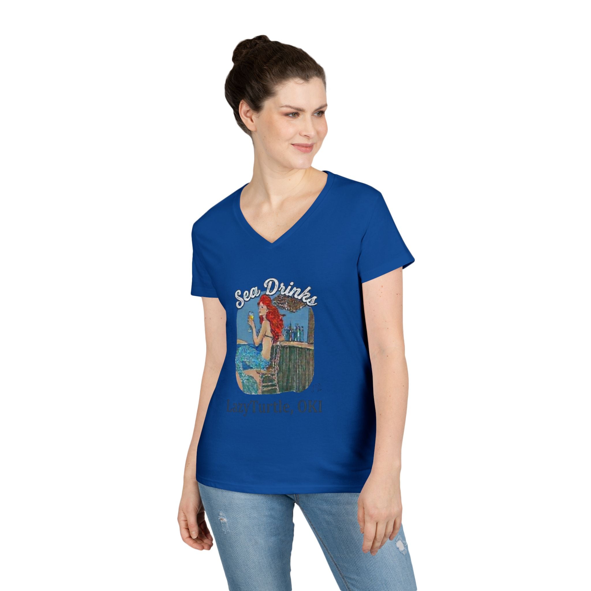 Sea Drinks Mermaid V-Neck T-Shirt — Lazy Turtle OKI Coastal Graphic Tee