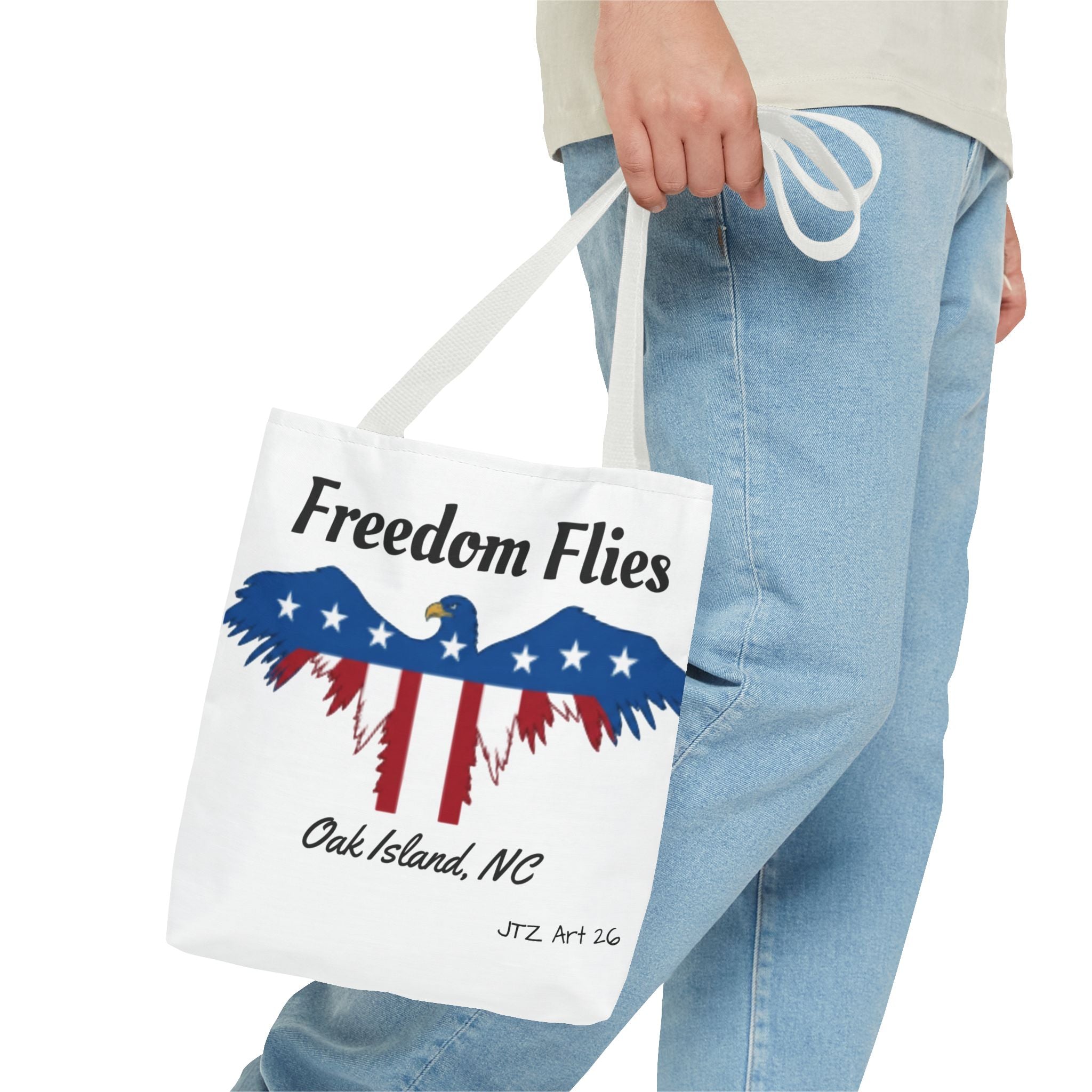 Freedom Flies Patriotic Eagle Tote Bag — Oak Island, NC USA Flag Design