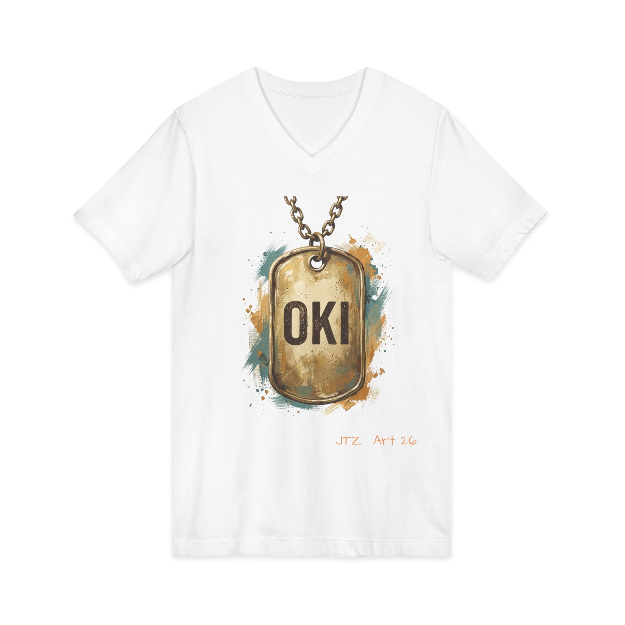 OKI Dog Tag V-Neck Tee — Vintage Military-Inspired Graphic Shirt