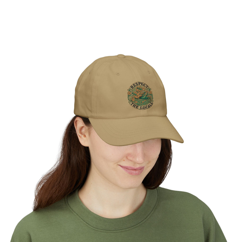 Respect The Locals Dad Cap — Embroidered Beach Vibes Hat (Back Reads "Art of OKI NC")