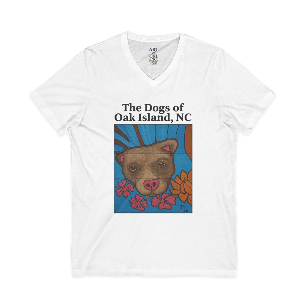Oak Island NC Dogs V-Neck Tee — Floral Beach Dog Graphic T-Shirt