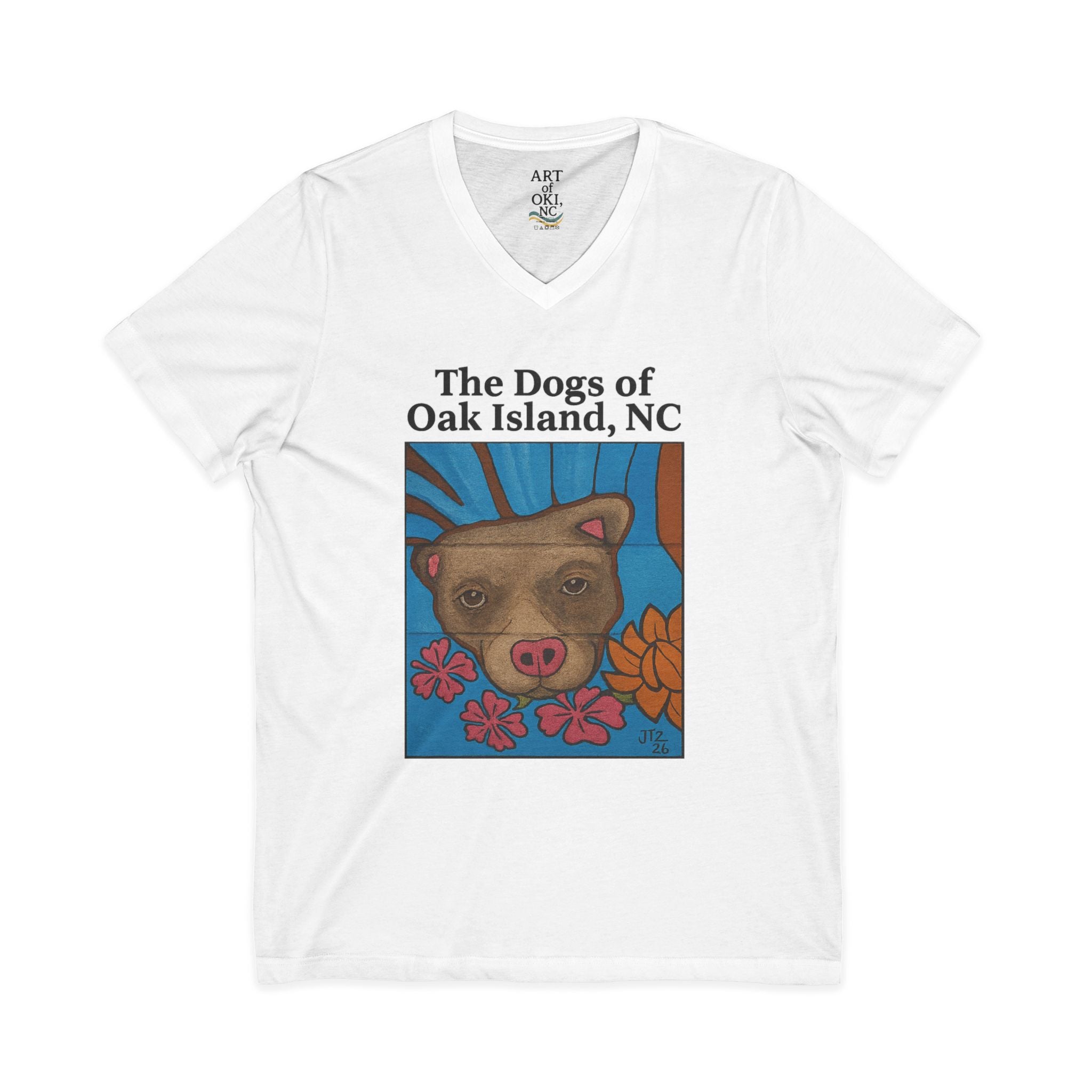 Oak Island NC Dogs V-Neck Tee — Floral Beach Dog Graphic T-Shirt