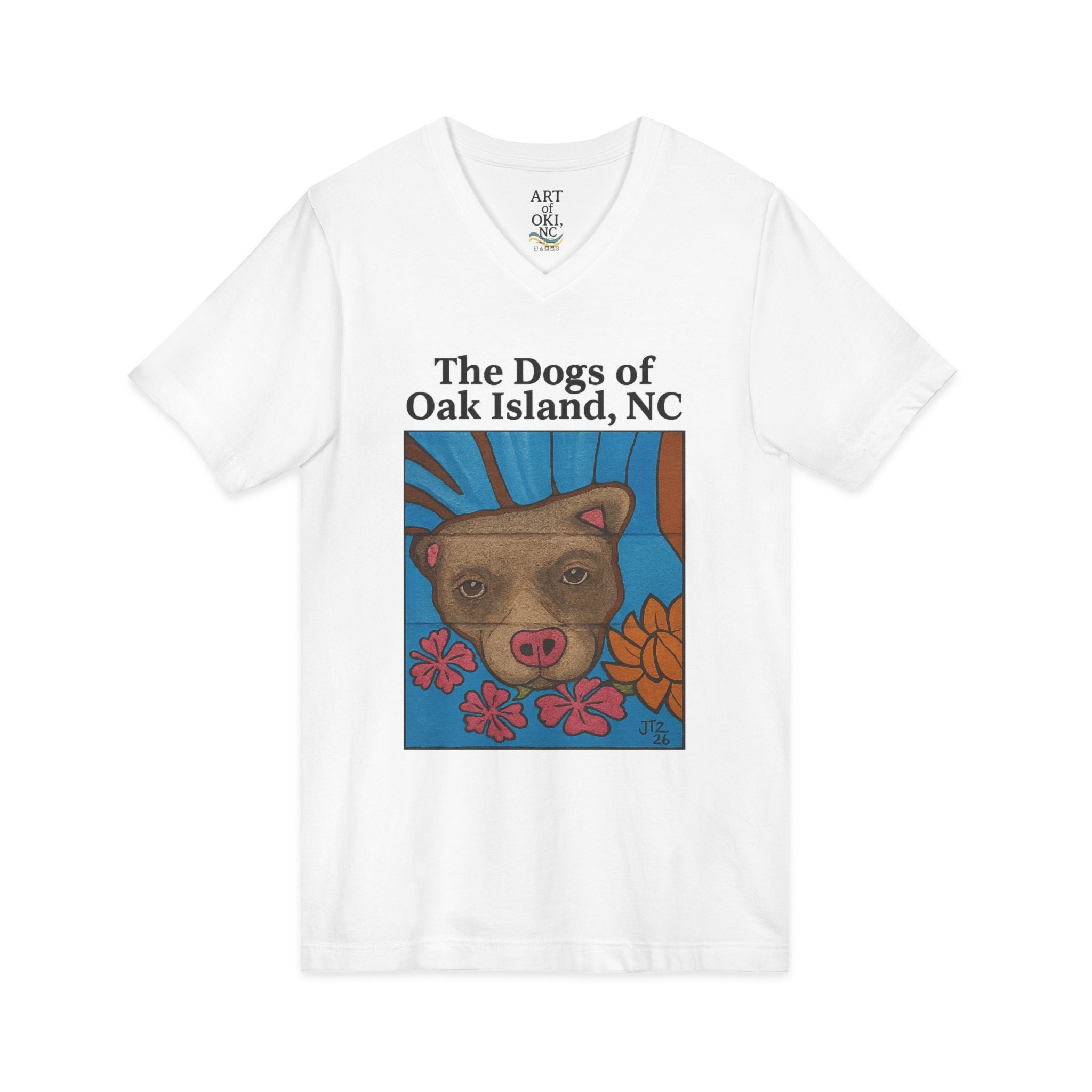 Oak Island NC Dogs V-Neck Tee — Floral Beach Dog Graphic T-Shirt