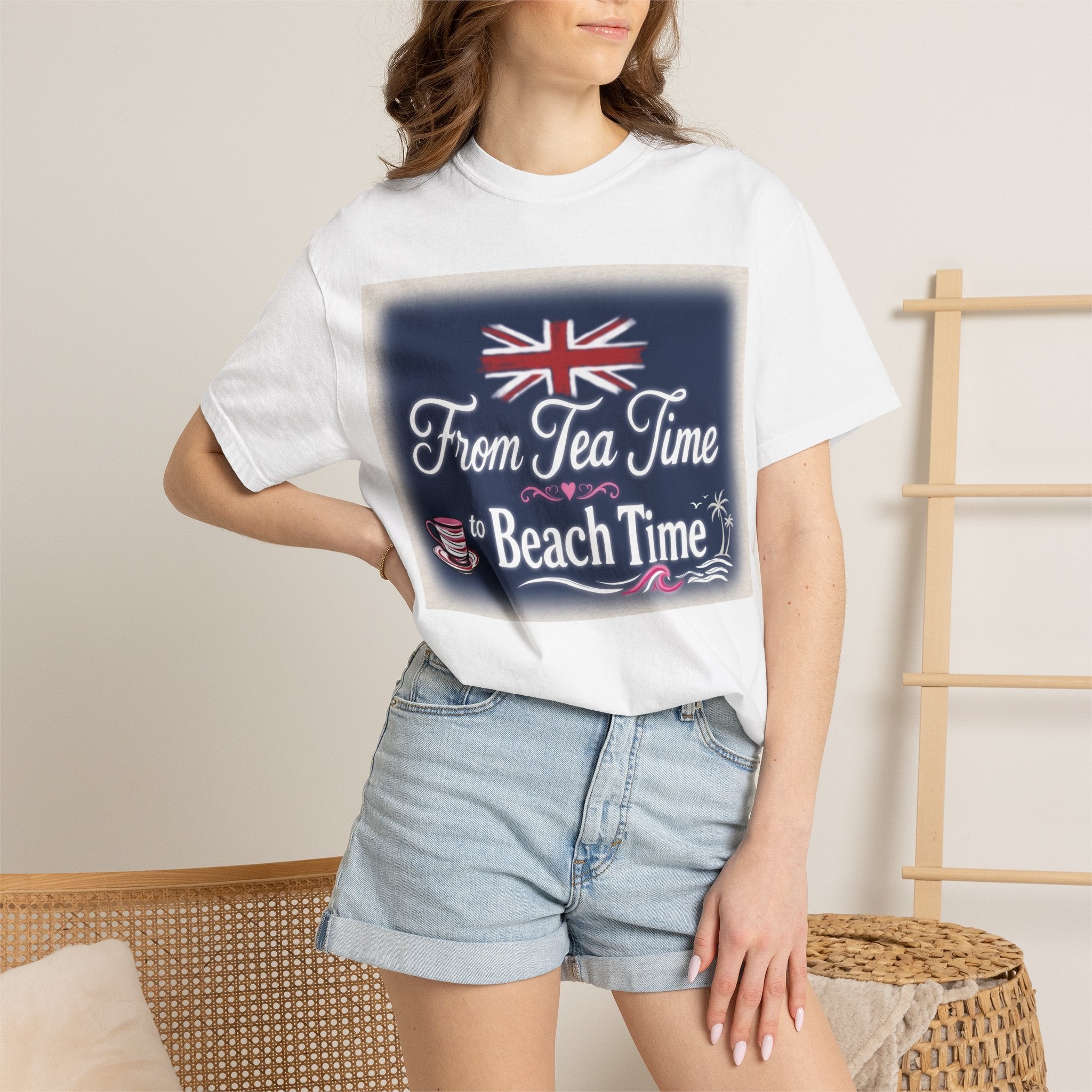 Tea Time to Beach Time T‑Shirt — British Flag & Tea Graphic