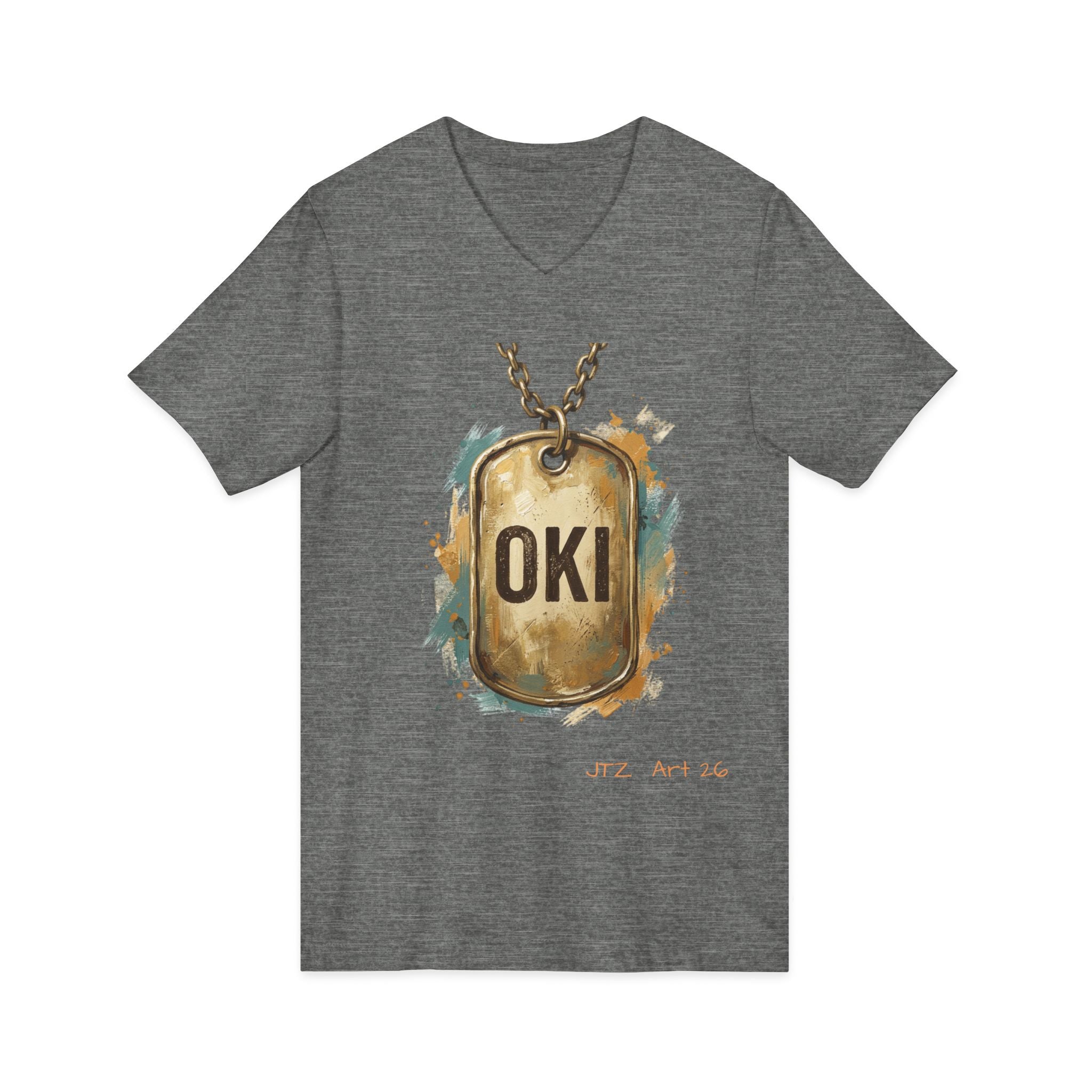 OKI Dog Tag V-Neck Tee — Vintage Military-Inspired Graphic Shirt