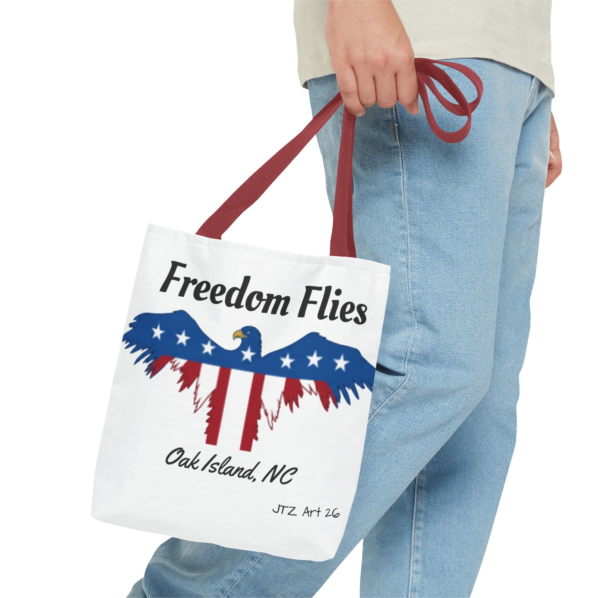 Freedom Flies Patriotic Eagle Tote Bag — Oak Island, NC USA Flag Design