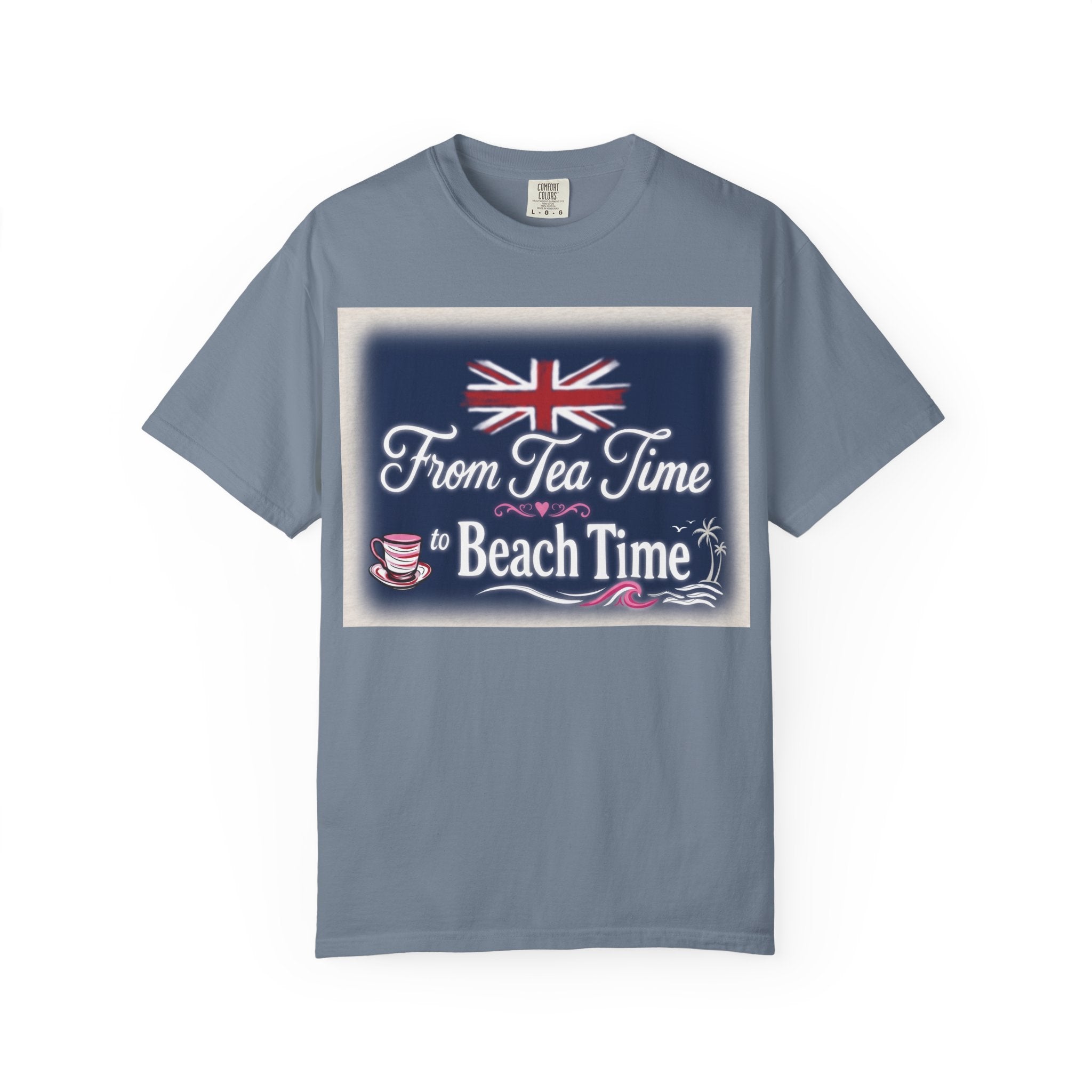 Tea Time to Beach Time T‑Shirt — British Flag & Tea Graphic