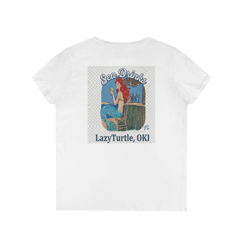 Ladies' V-Neck T-Shirt — "Sea Drinks" Mermaid Graphic Tee (LazyTurtle, OKI)