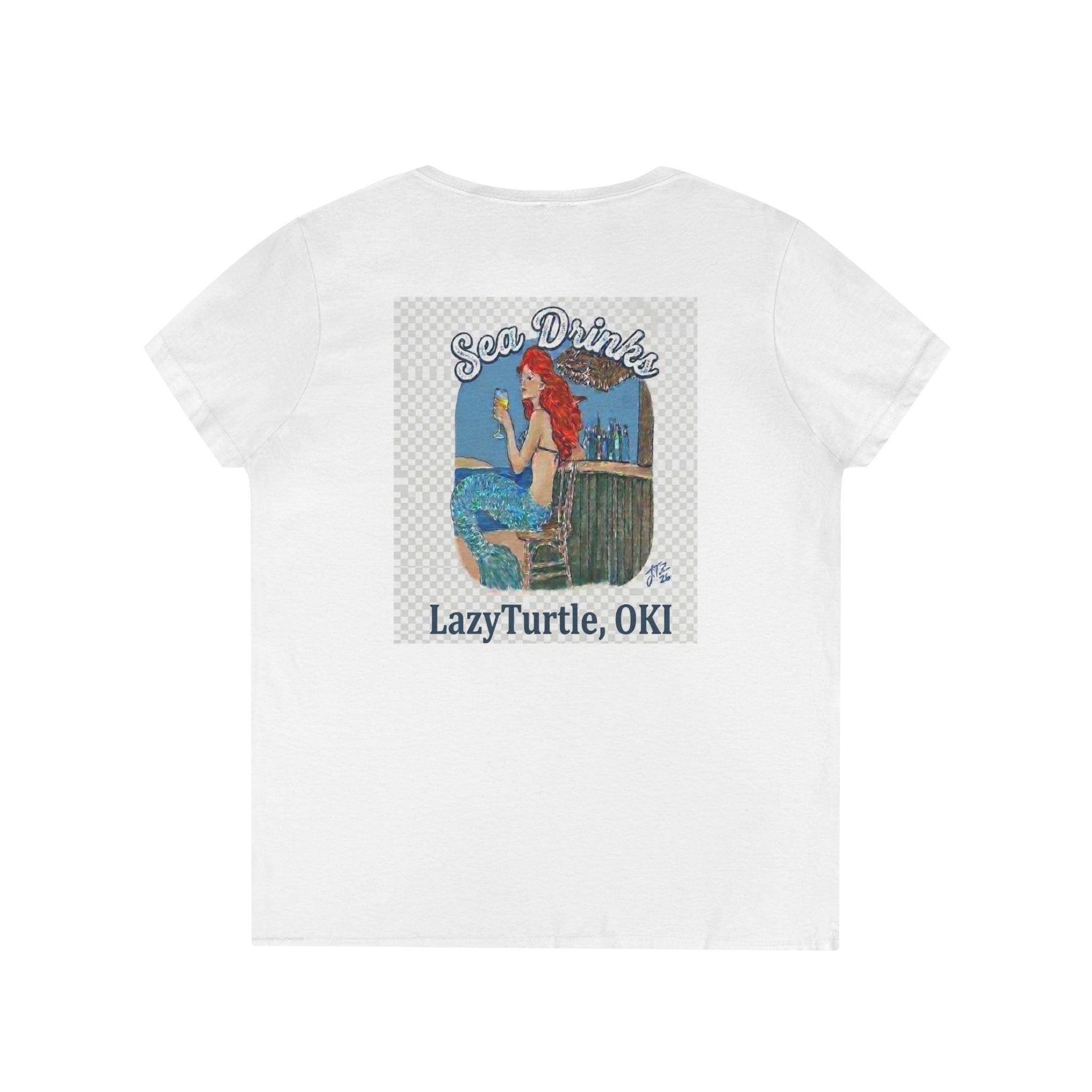 Ladies' V-Neck T-Shirt — "Sea Drinks" Mermaid Graphic Tee (LazyTurtle, OKI)