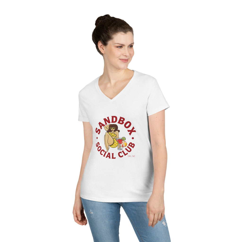 Sandbox Social Club V-Neck Tee — Retro Pinup Beach Graphic