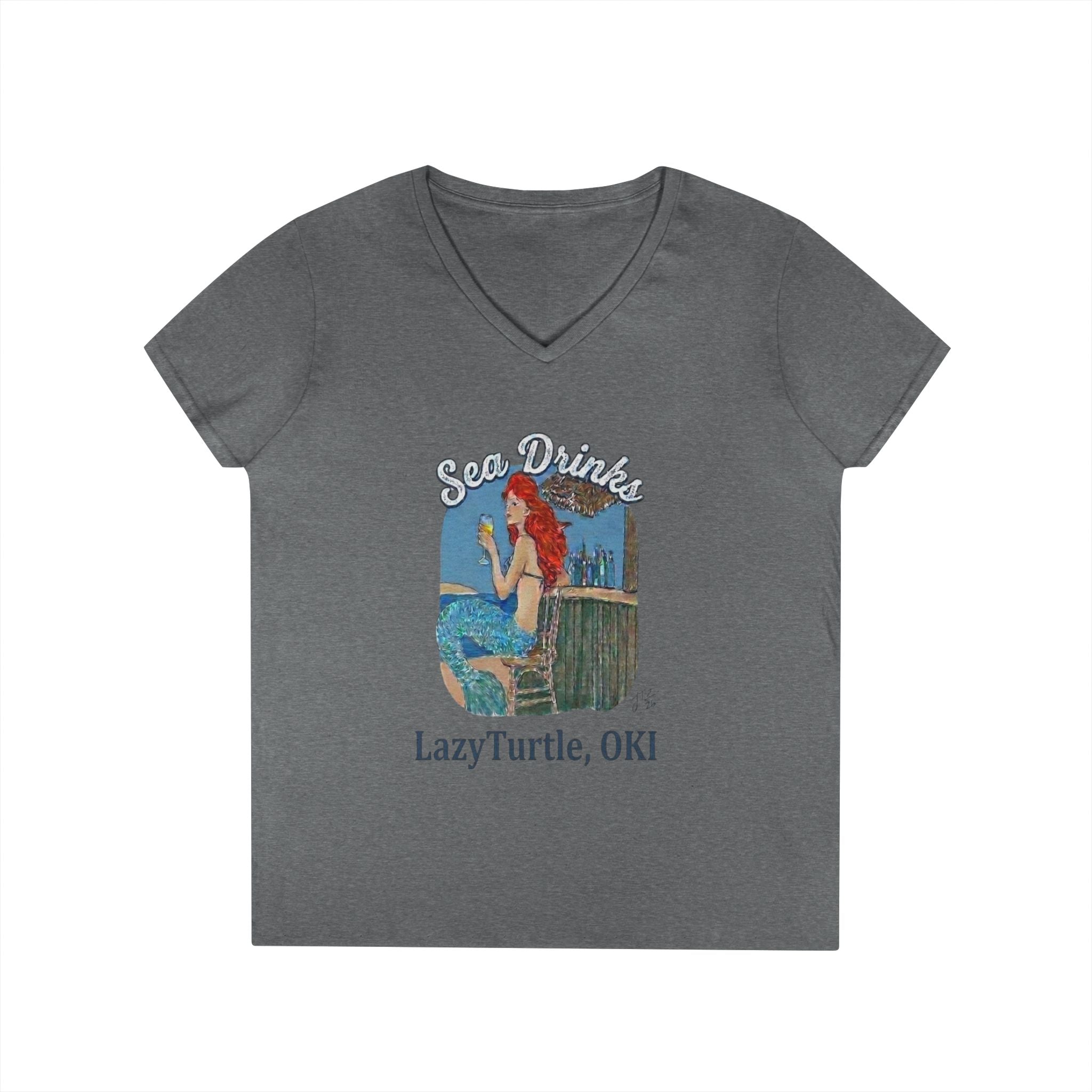 Sea Drinks Mermaid V-Neck T-Shirt — Lazy Turtle OKI Coastal Graphic Tee