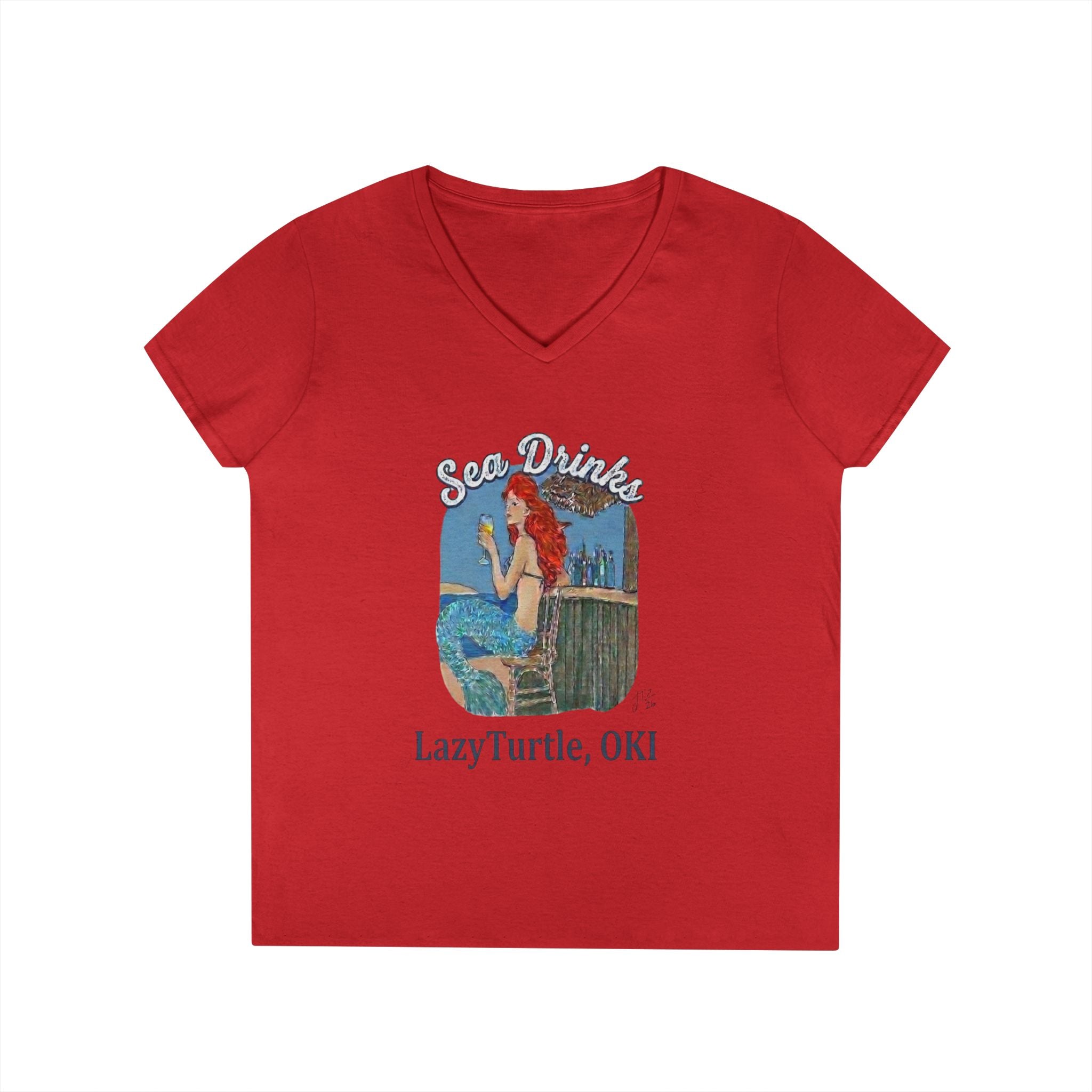 Sea Drinks Mermaid V-Neck T-Shirt — Lazy Turtle OKI Coastal Graphic Tee