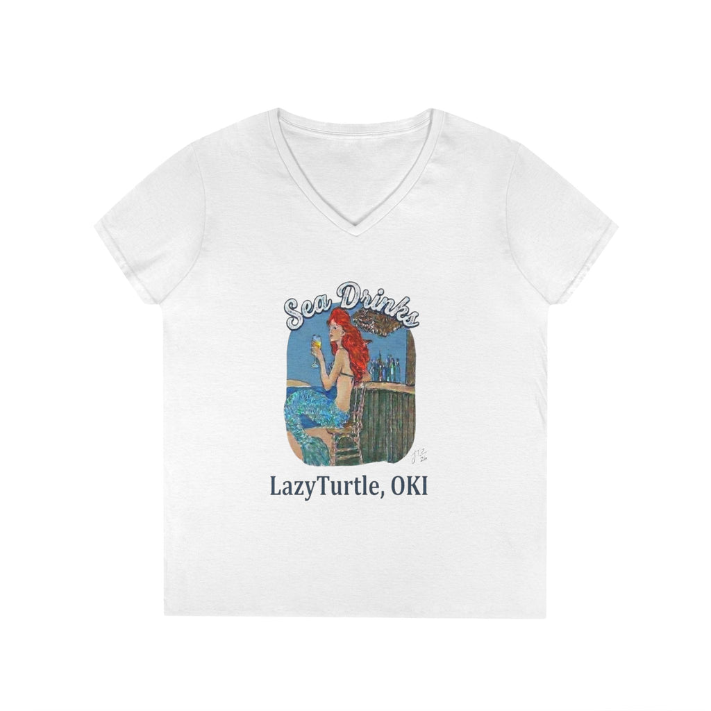Sea Drinks Mermaid V-Neck T-Shirt — Lazy Turtle OKI Coastal Graphic Tee