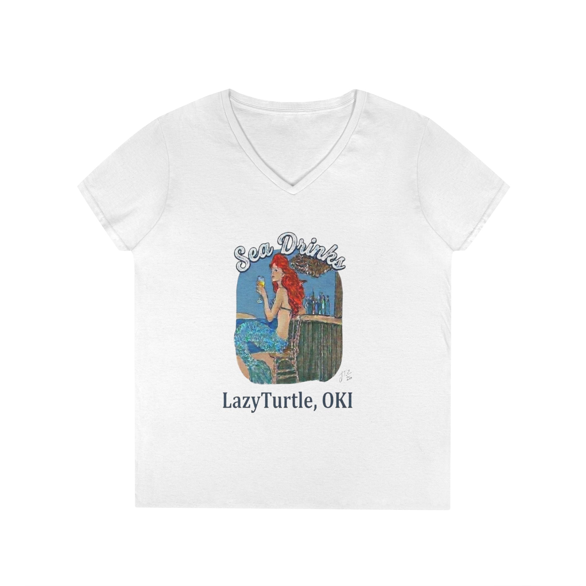 Sea Drinks Mermaid V-Neck T-Shirt — Lazy Turtle OKI Coastal Graphic Tee