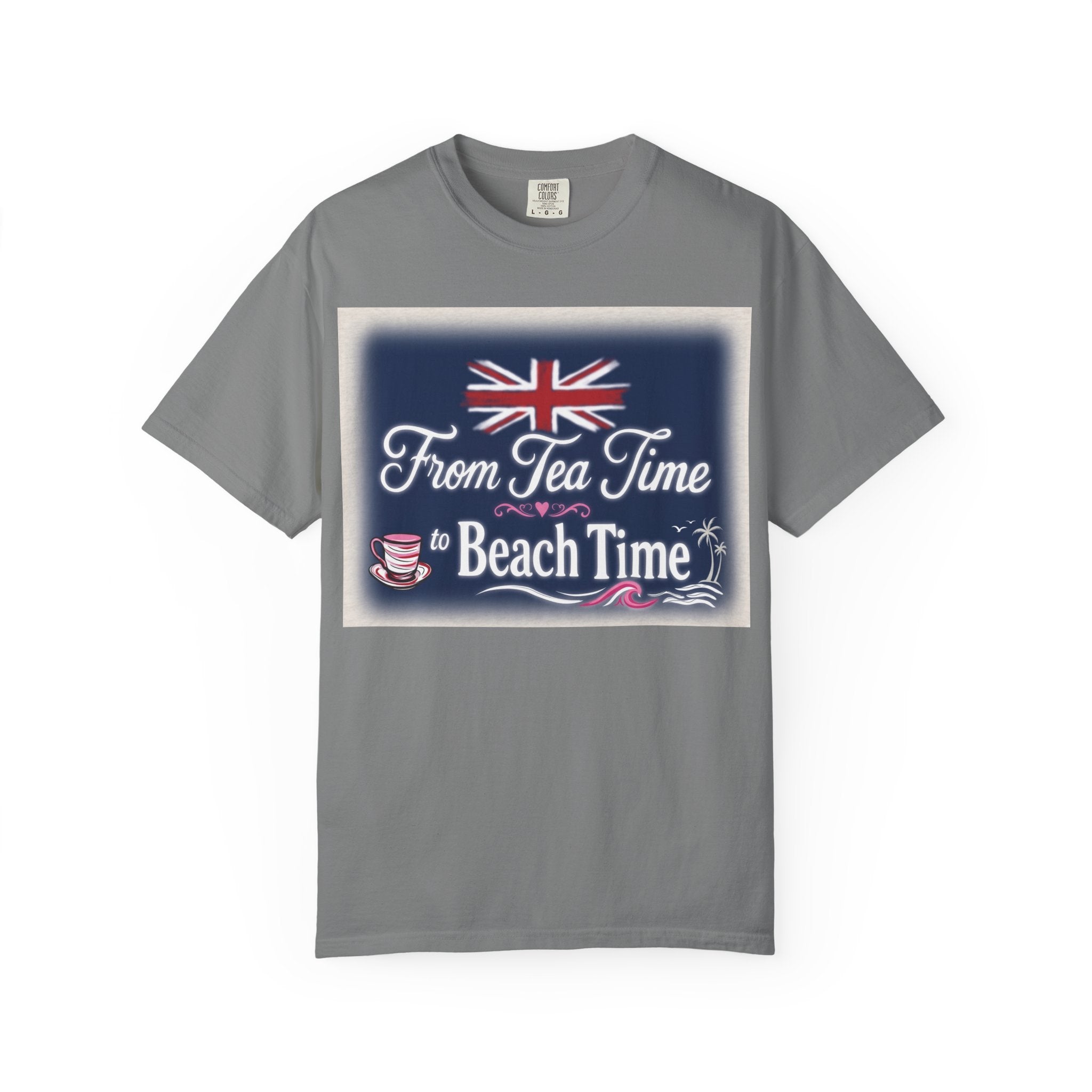 Tea Time to Beach Time T‑Shirt — British Flag & Tea Graphic
