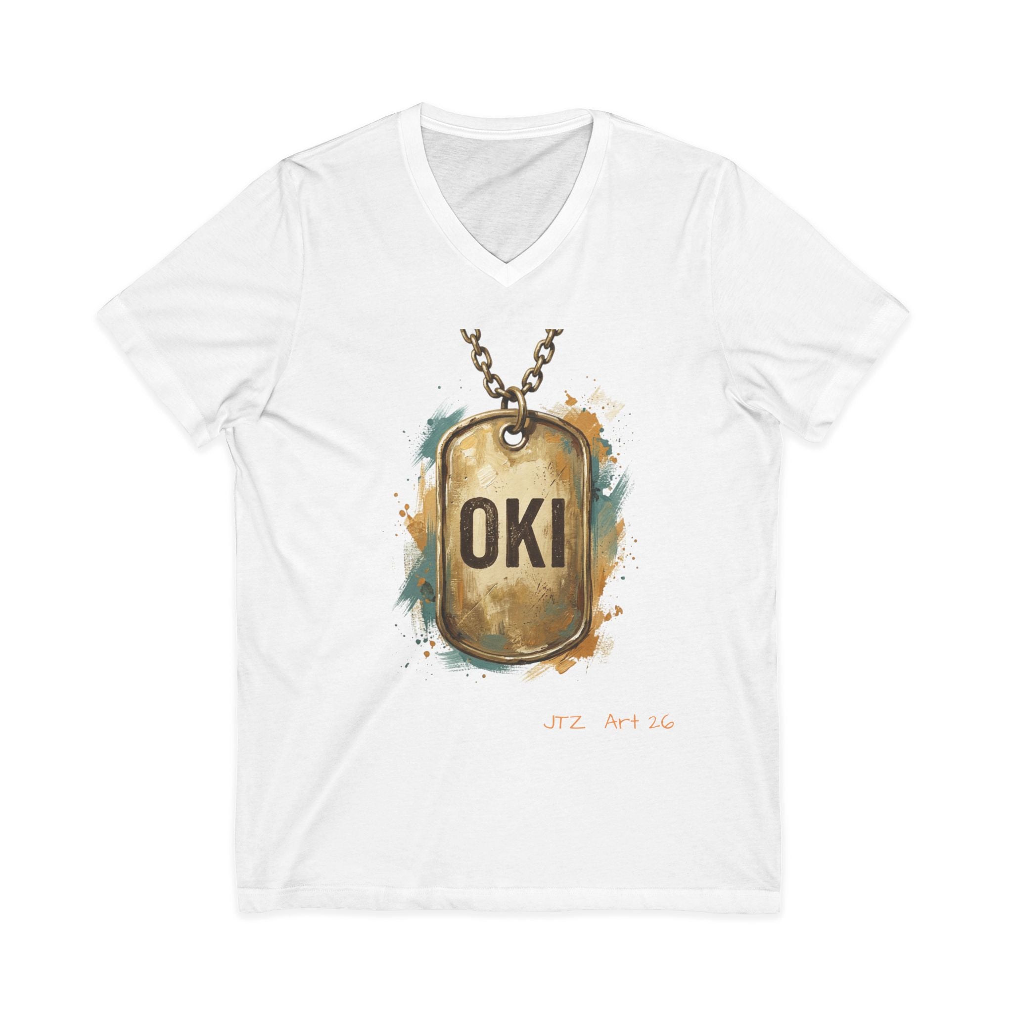 OKI Dog Tag V-Neck Tee — Vintage Military-Inspired Graphic Shirt