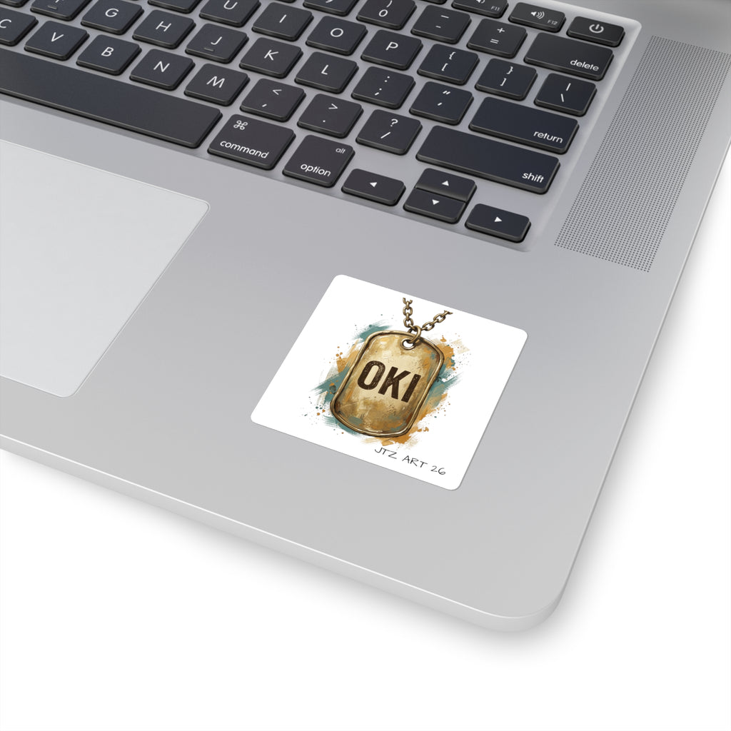 OKI Dog Tag Sticker — Vintage Military-Style Square Sticker for Laptops & Gear