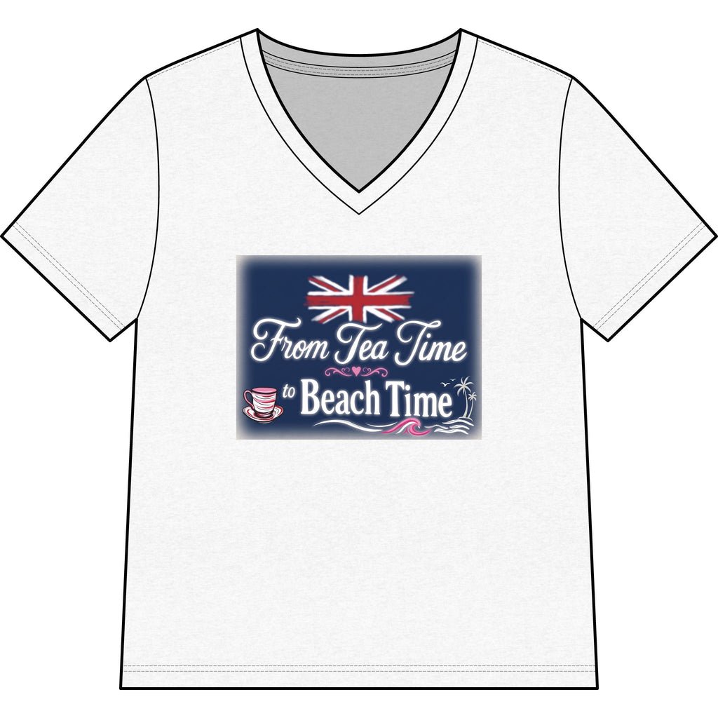 Women’s V-Neck Tee — "From Tea Time to Beach Time" British Flag Summer Shirt