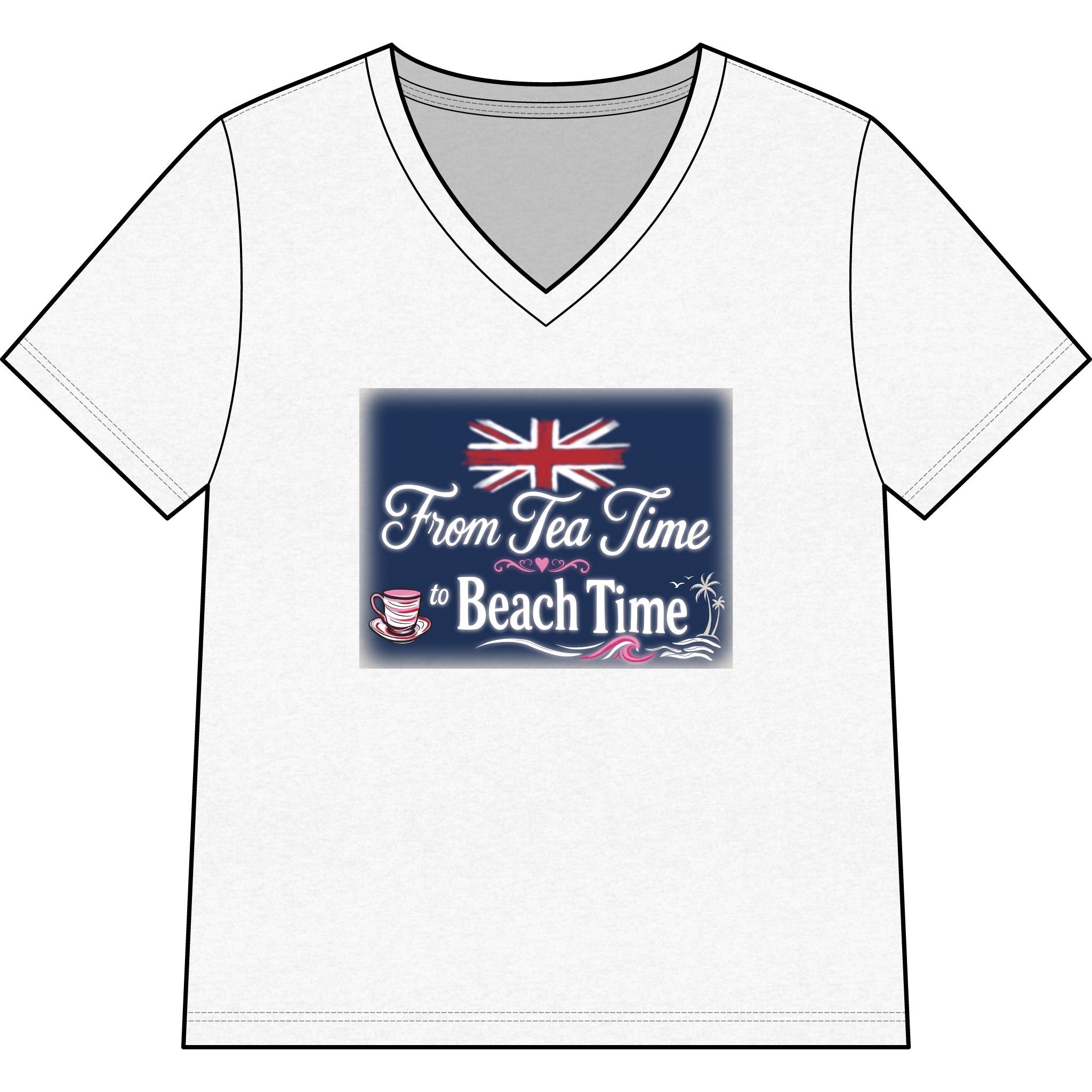 Women’s V-Neck Tee — "From Tea Time to Beach Time" British Flag Summer Shirt