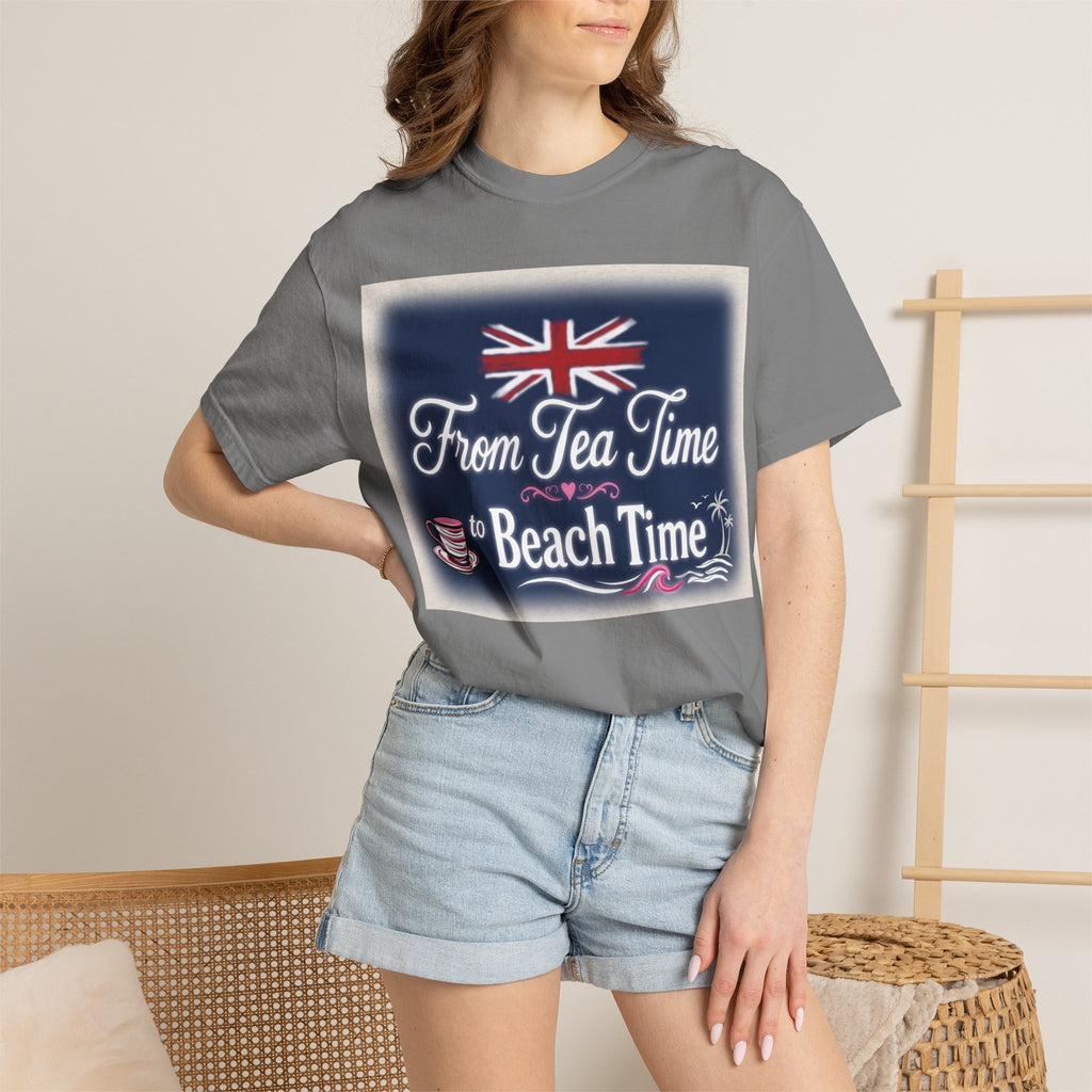 Tea Time to Beach Time T‑Shirt — British Flag & Tea Graphic