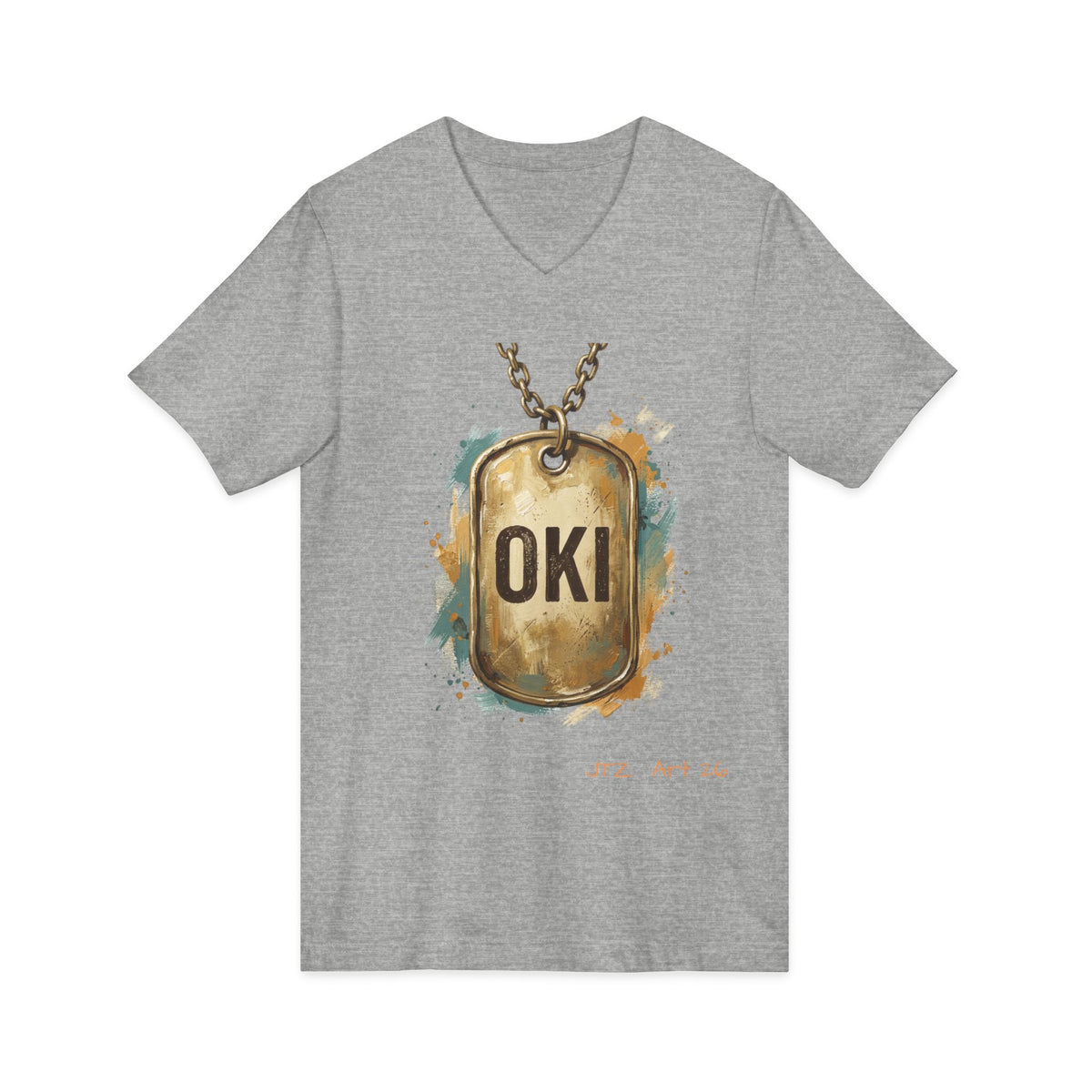 OKI Dog Tag V-Neck Tee — Vintage Military-Inspired Graphic Shirt