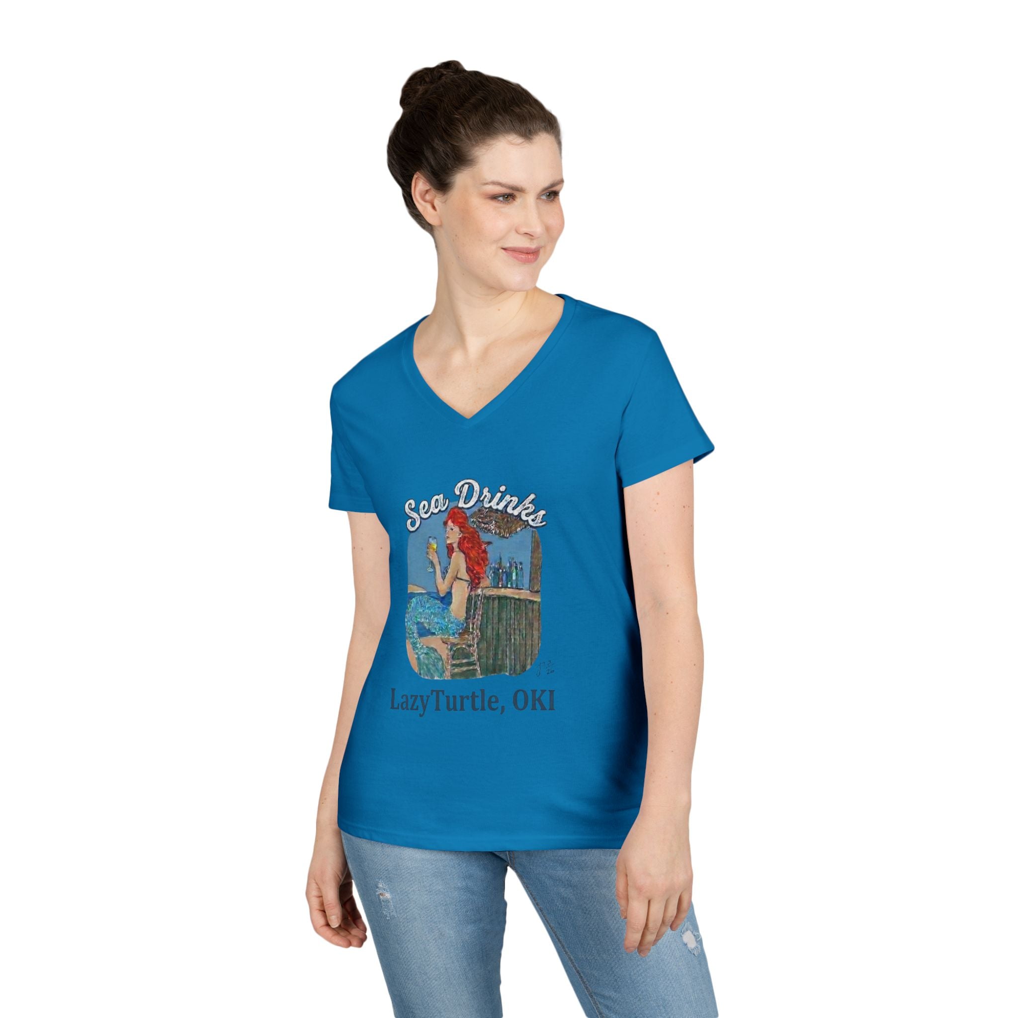 Sea Drinks Mermaid V-Neck T-Shirt — Lazy Turtle OKI Coastal Graphic Tee