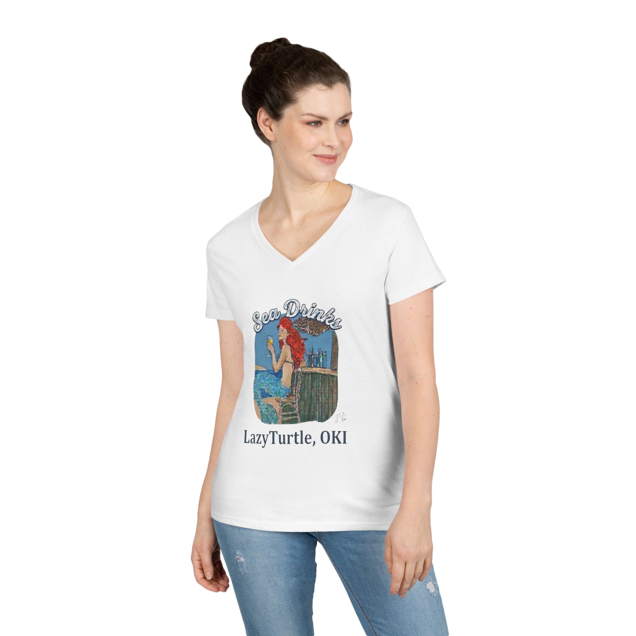 Sea Drinks Mermaid V-Neck T-Shirt — Lazy Turtle OKI Coastal Graphic Tee