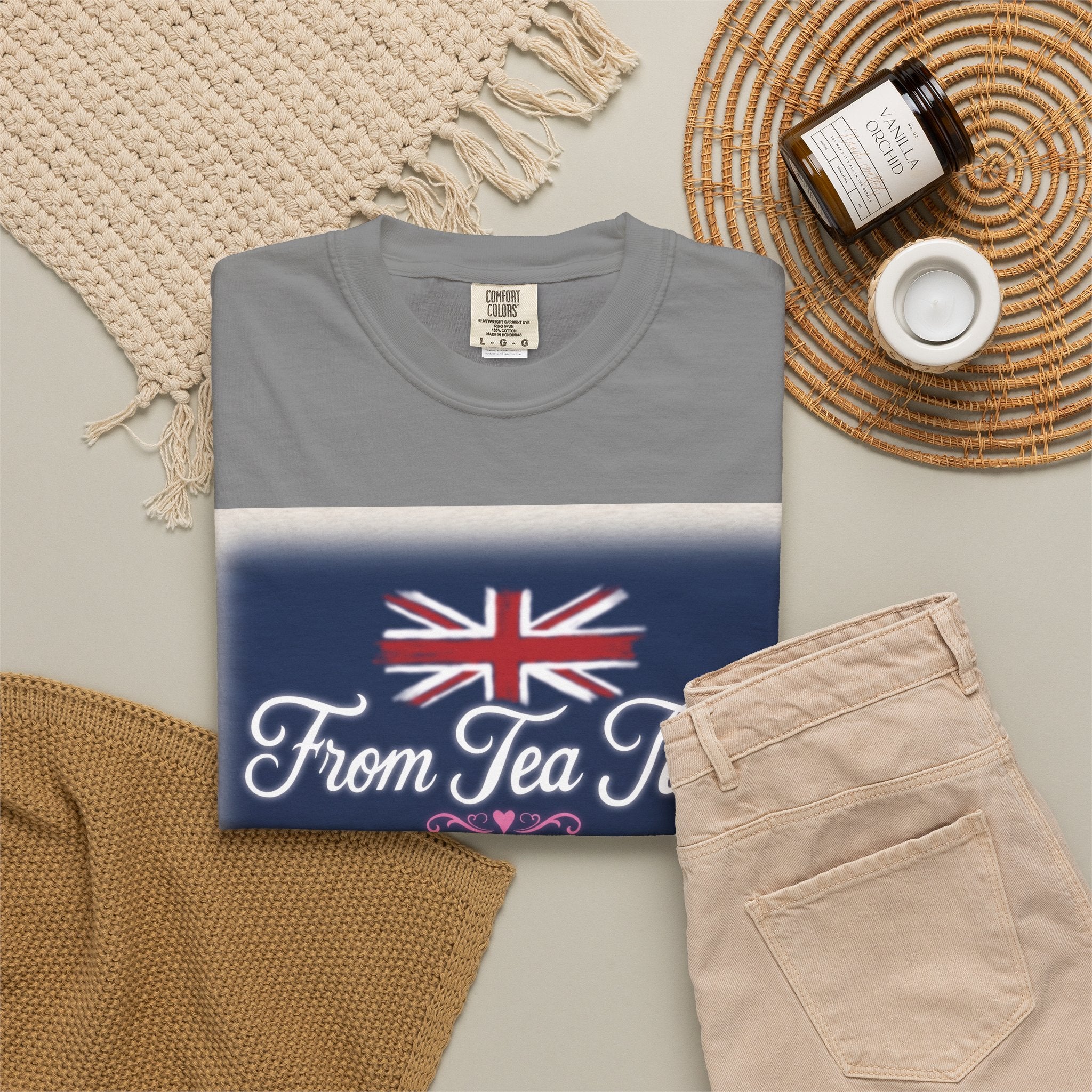 Tea Time to Beach Time T‑Shirt — British Flag & Tea Graphic