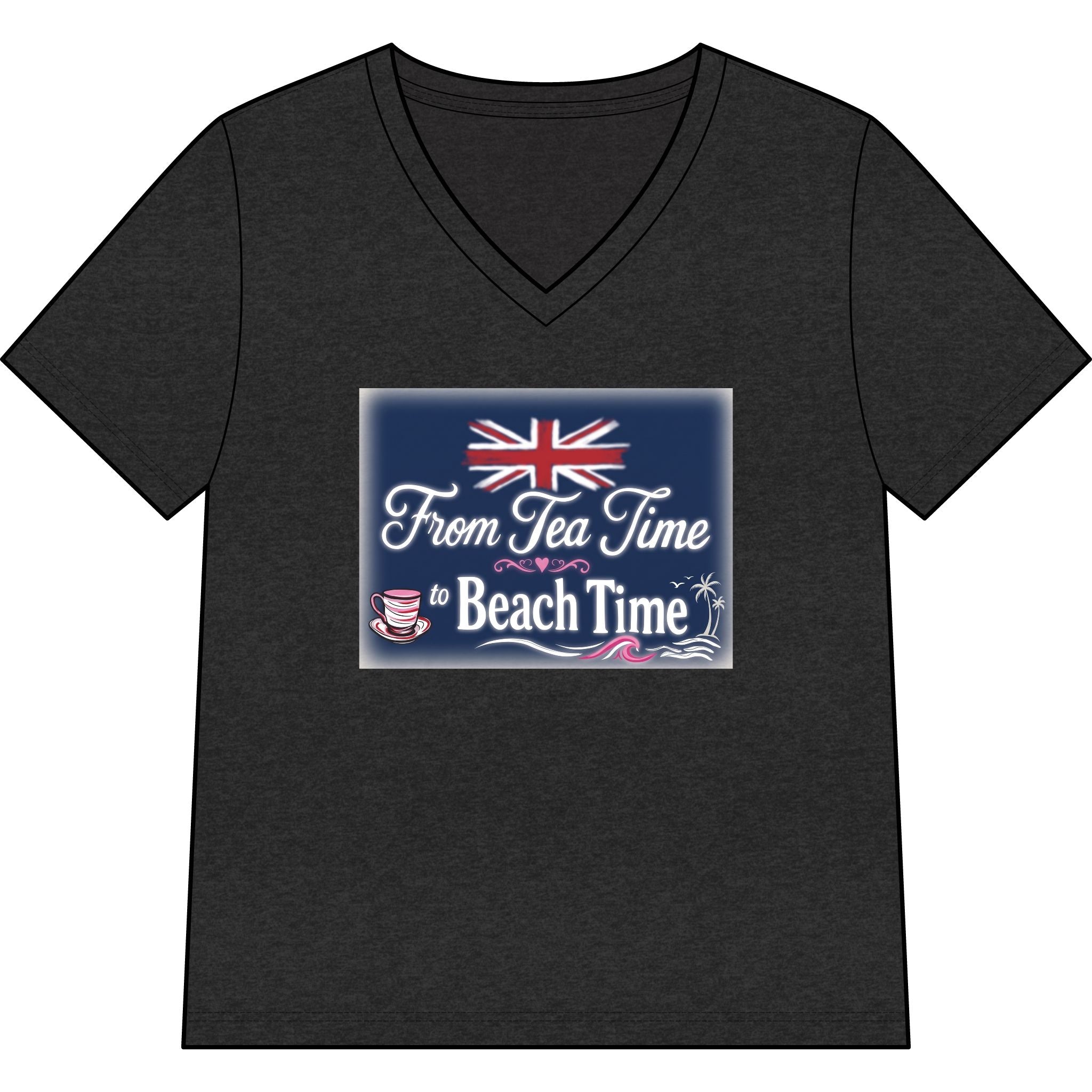 Women’s V-Neck Tee — "From Tea Time to Beach Time" British Flag Summer Shirt