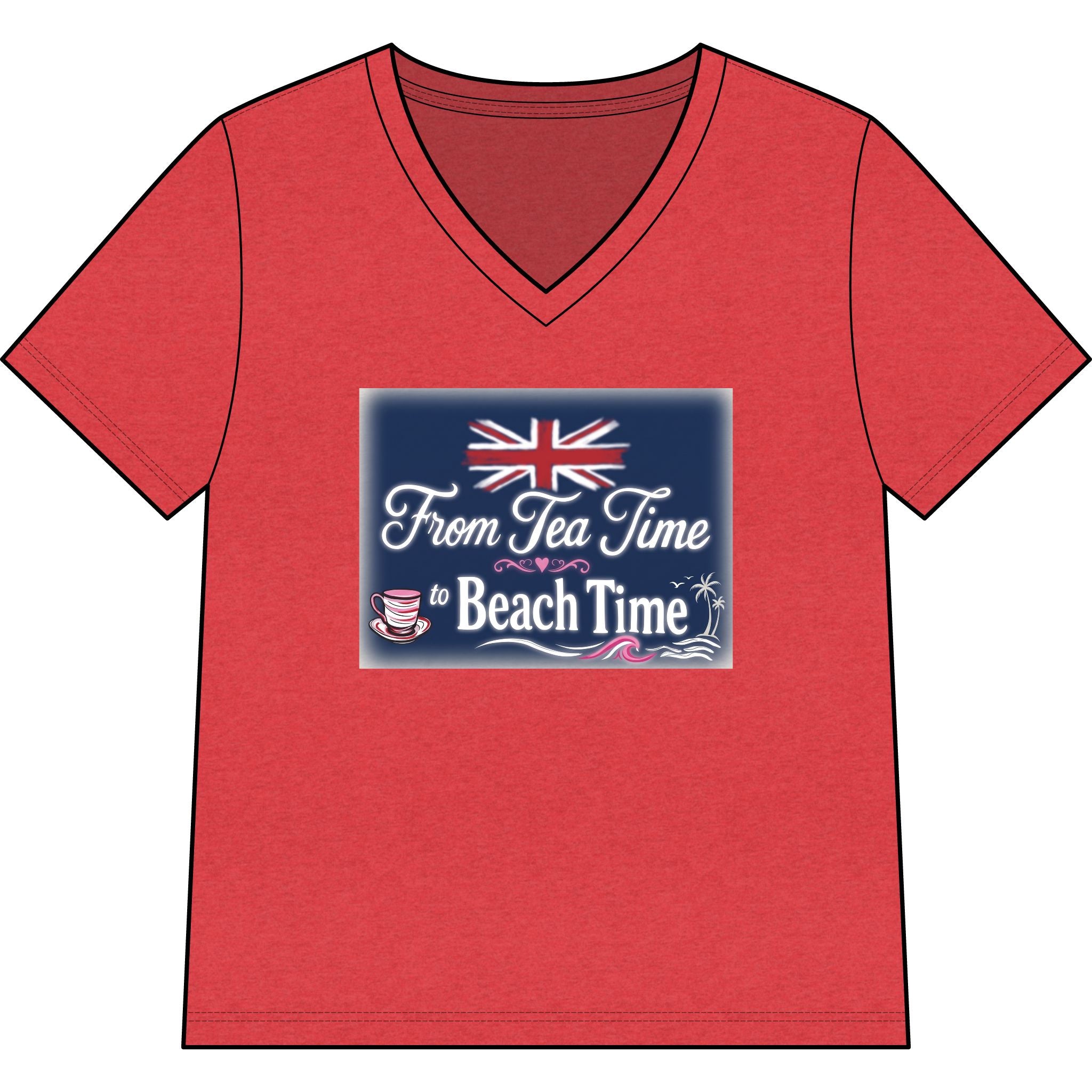Women’s V-Neck Tee — "From Tea Time to Beach Time" British Flag Summer Shirt