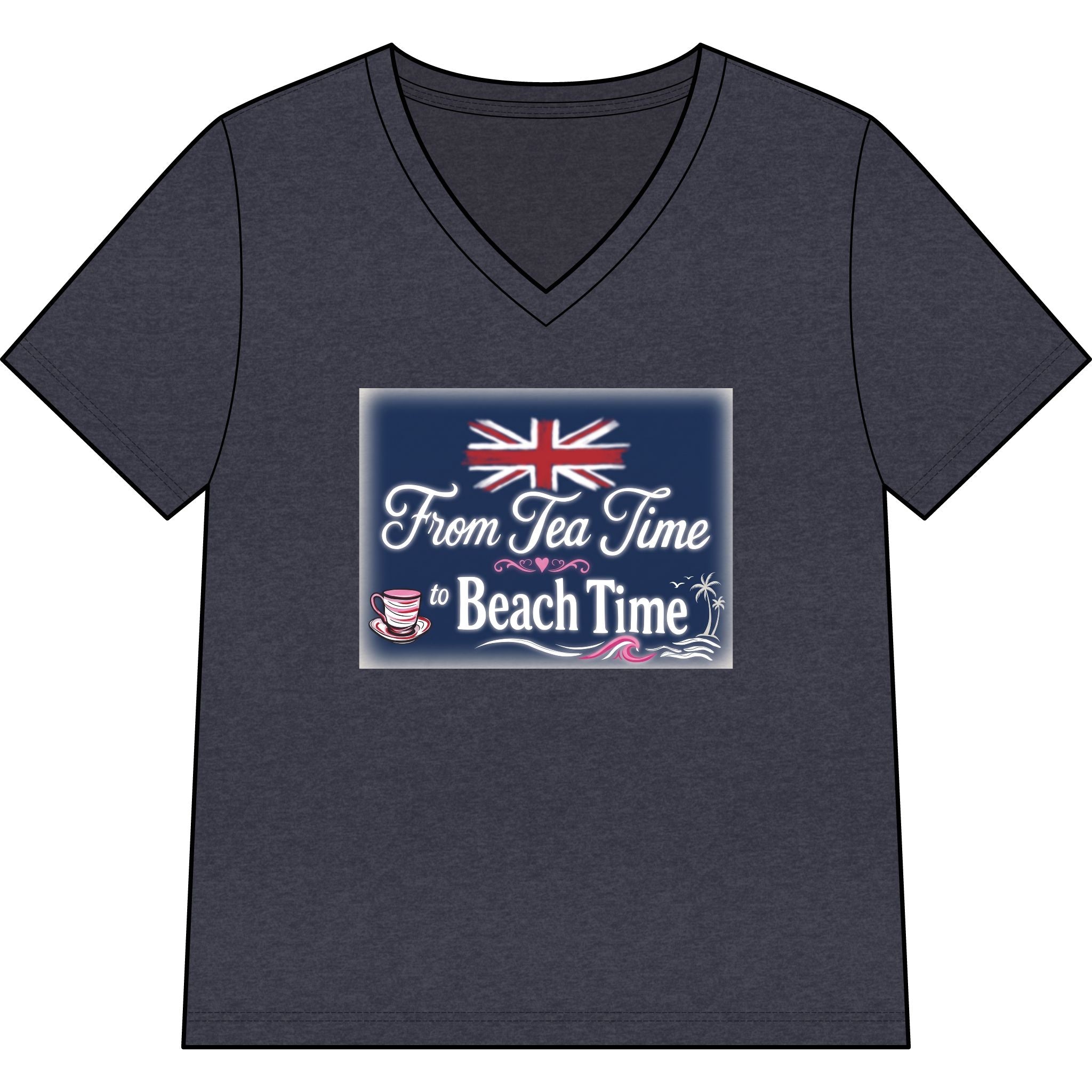 Women’s V-Neck Tee — "From Tea Time to Beach Time" British Flag Summer Shirt
