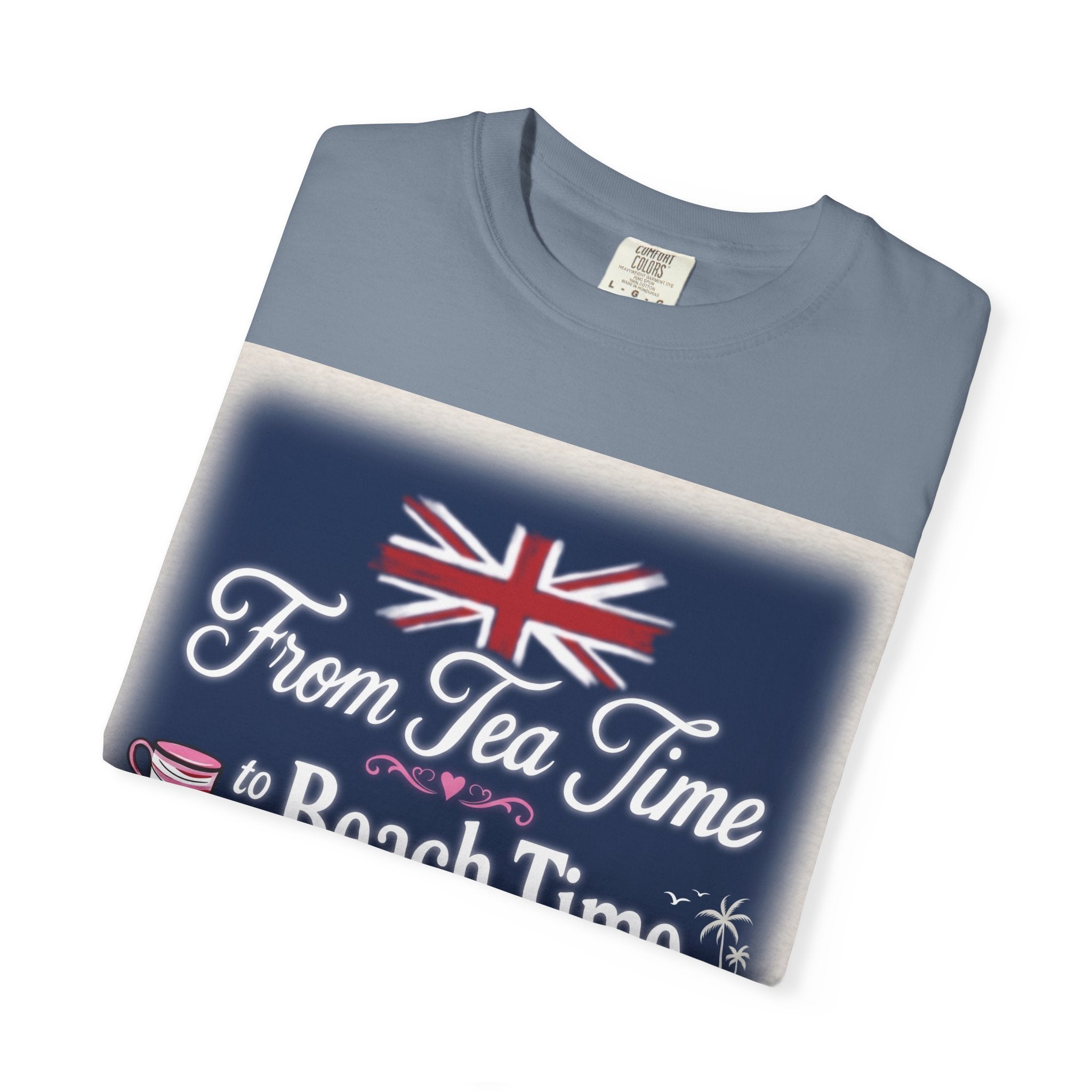 Tea Time to Beach Time T‑Shirt — British Flag & Tea Graphic